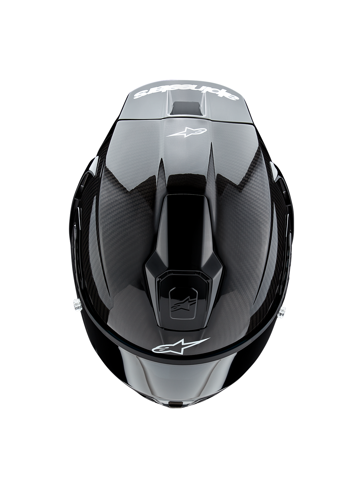 Casco Alpinestars Supertech R10 Solid, vista dall'alto, carbonio nero opaco e lucido, trama in fibra di carbonio sui lati, sezione centrale lucida, prese d'aria aerodinamiche, logo Alpinestars bianco anteriore e posteriore