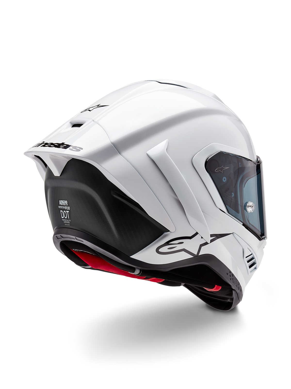Casco Alpinestars Supertech R10 Solid, casco integrale racing da moto, Bianco Lucido e Nero Opaco, vista posteriore a tre quarti con spoiler aerodinamico, alette laterali e loghi neri