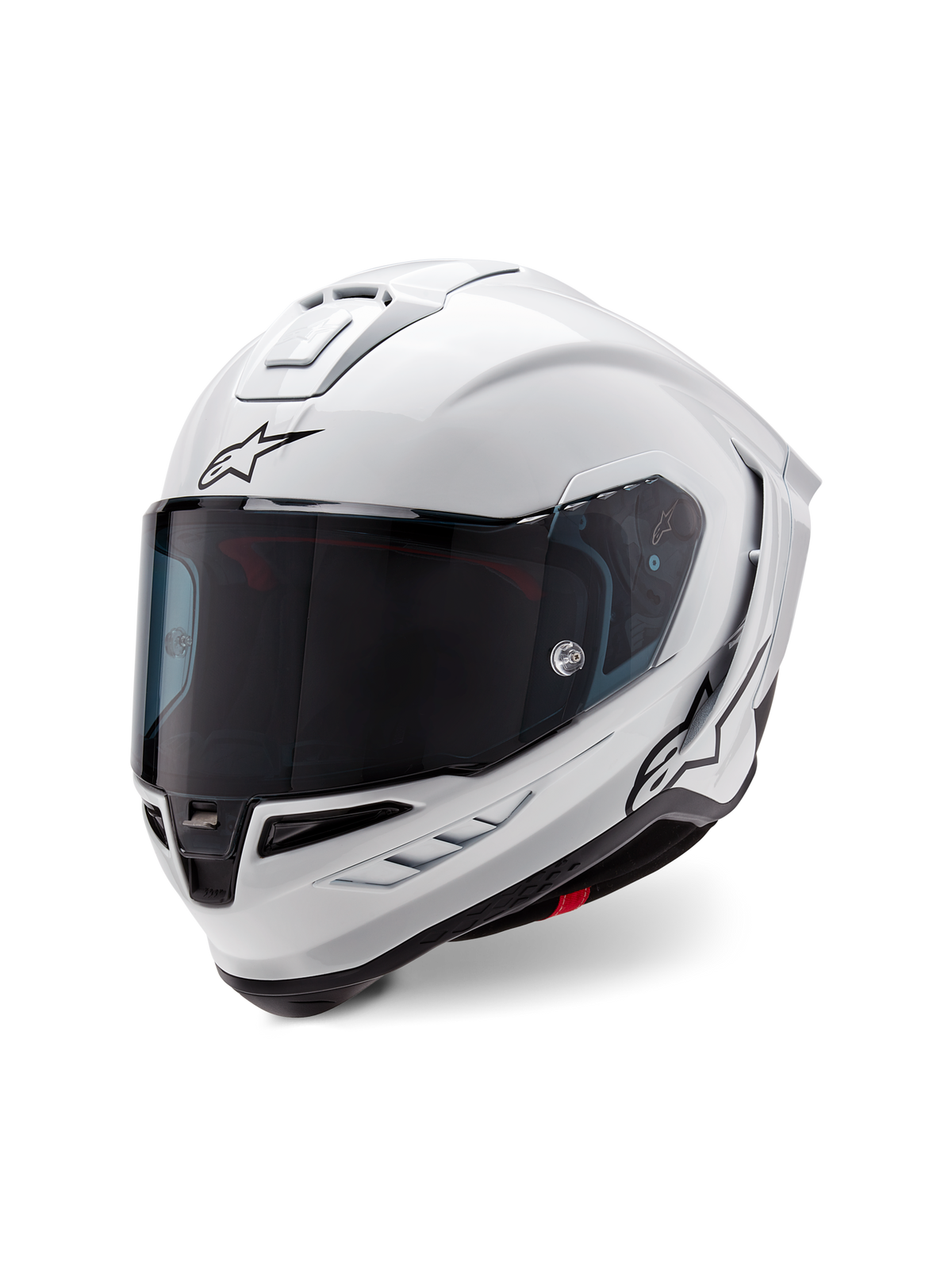 Alpinestars Supertech R10 Solid Helmet, casco integrale da corsa, bianco lucido con accenti neri, con visiera scura, design aerodinamico della calotta e logo Alpinestars sulla parte anteriore e laterale