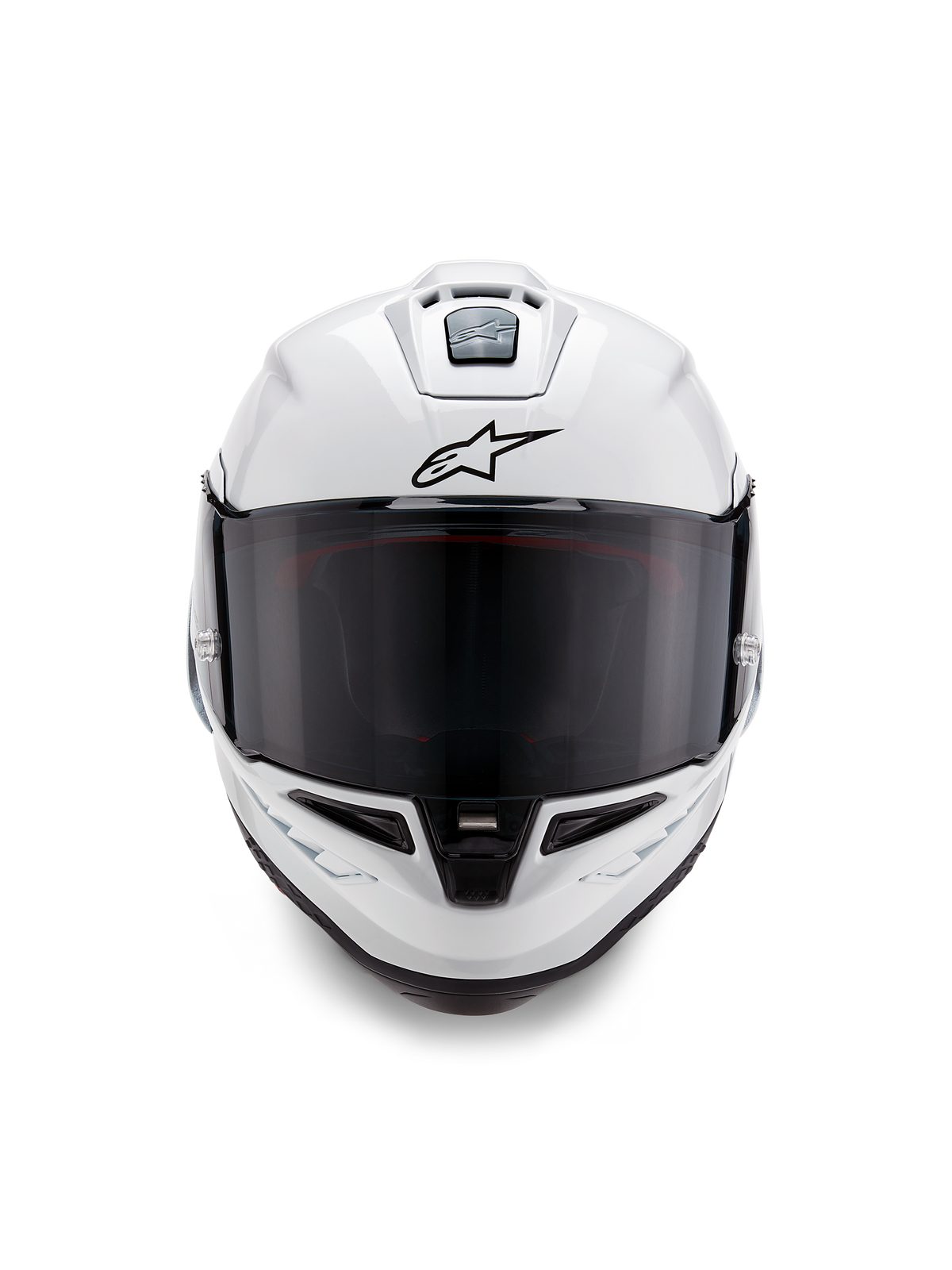 Casco Alpinestars Supertech R10 Solid, casco integrale da corsa, bianco lucido con dettagli neri, vista frontale con visiera scura fumé, sistema di ventilazione aerodinamico e logo Astars nero