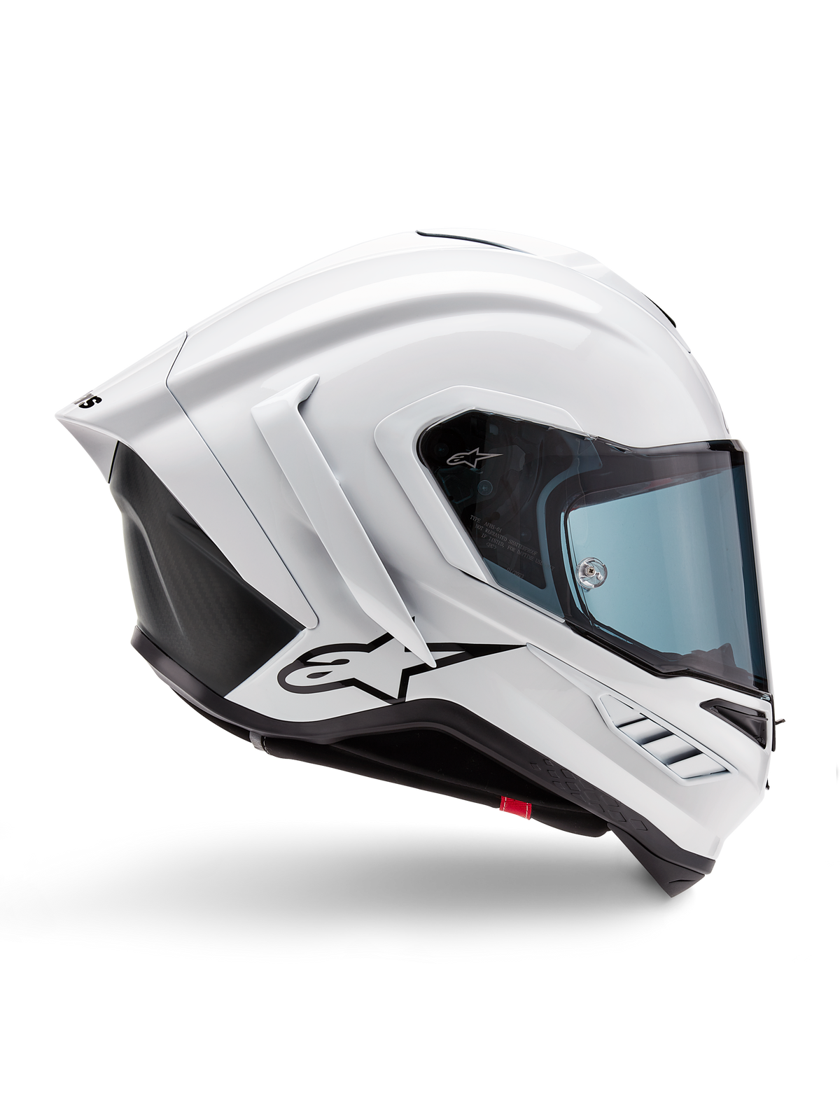 Casco Alpinestars Supertech R10 Solid, casco da moto racing bianco lucido e nero opaco, vista laterale di profilo, design aerodinamico con alette posteriori e prese d'aria laterali, visiera con tinta blu, caratterizzato dal logo a stella Alpinestars nero sul lato