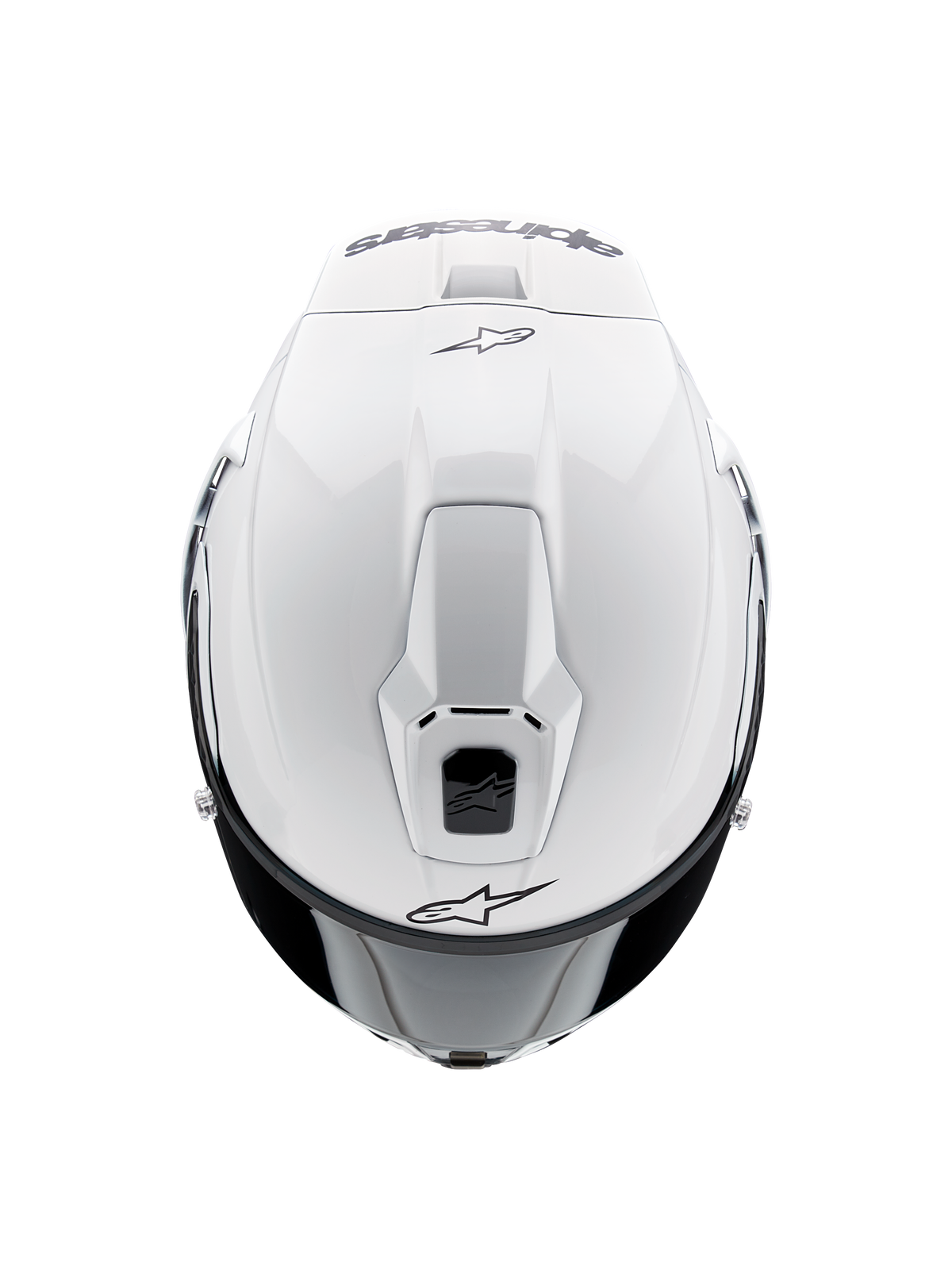 Casco Alpinestars Supertech R10 Solid, casco da moto integrale, bianco lucido, vista dall'alto che mette in evidenza le prese d'aria aerodinamiche e i loghi Alpinestars neri, profilo aerodinamico ispirato alle corse.