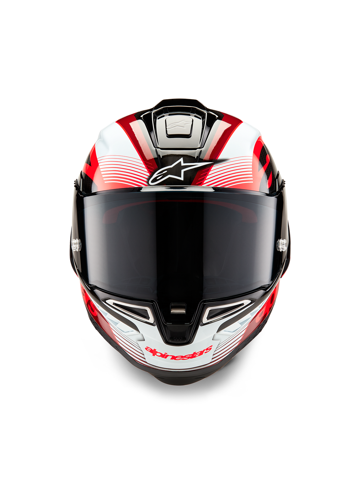 Casco Alpinestars Supertech R10 Team, vista frontale, nero carbonio rosso e bianco lucido, con visiera fumé scura, logo Astar bianco sulla fronte, branding Alpinestars rosso sulla mentoniera, design aerodinamico racing con grafiche elaborate
