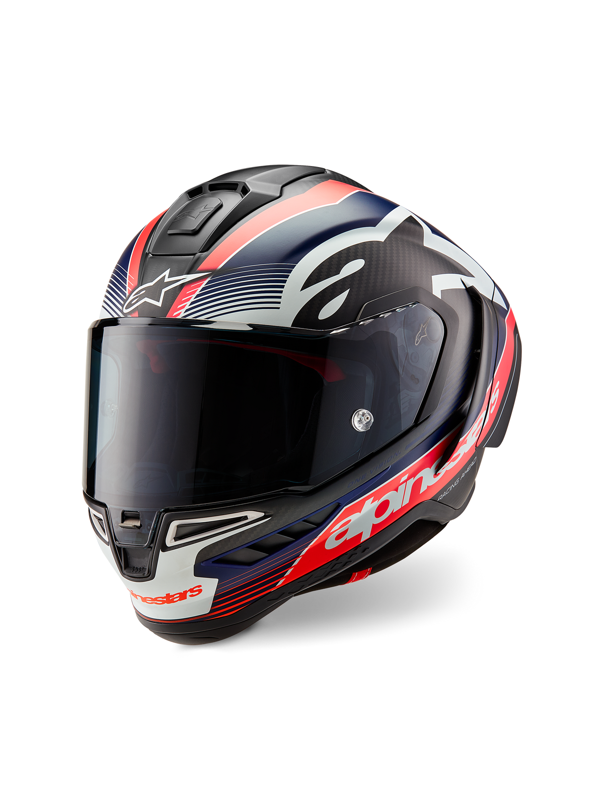 Casco Alpinestars Supertech R10 Team, carbonio nero con grafiche rosso fluo e blu opaco, vista frontale a tre quarti, dotato di visiera fumé scuro, calotta racing aerodinamica e logo Alpinestars bianco.