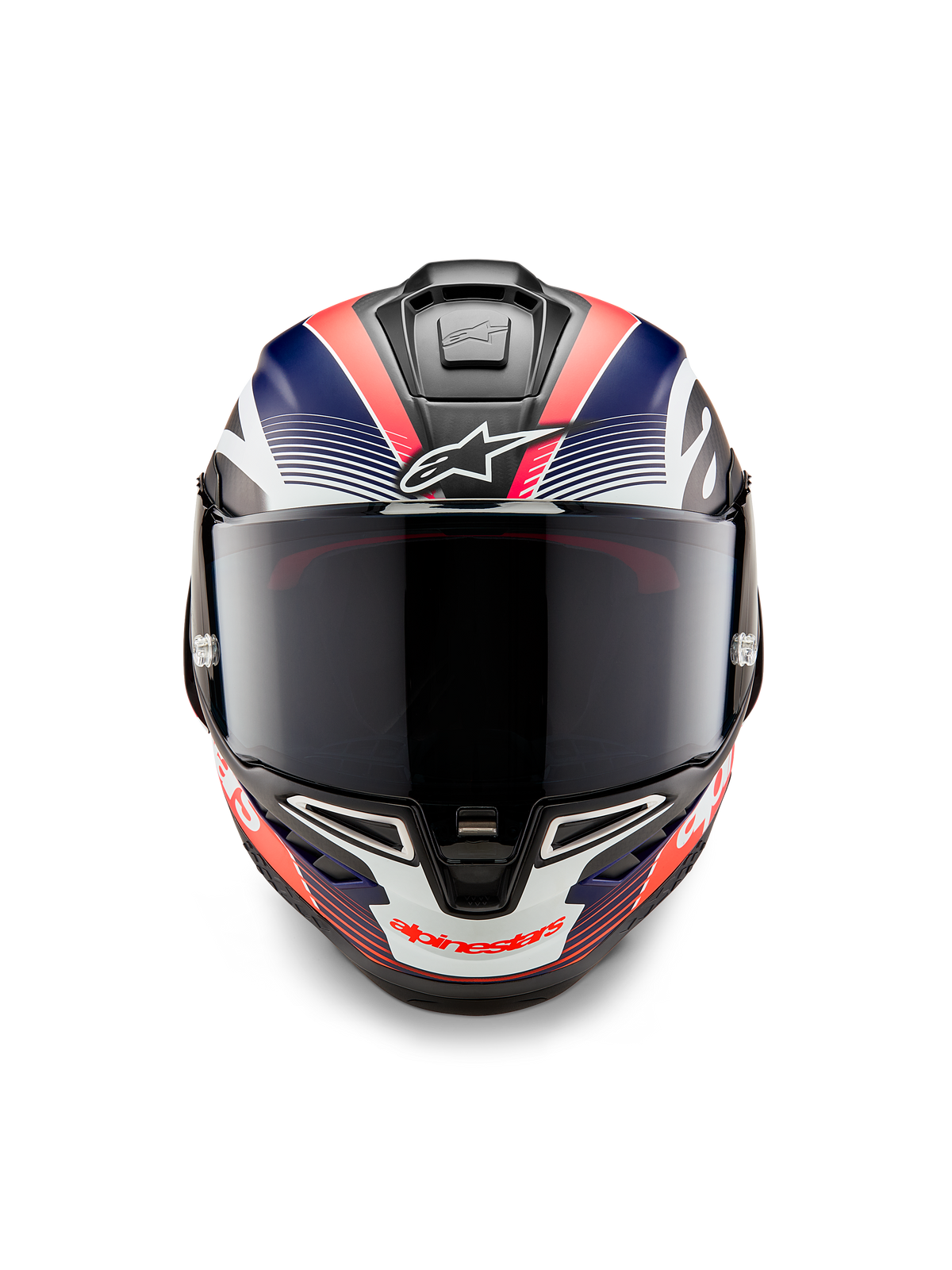 Casco Alpinestars Supertech R10 Team, casco integrale da moto racing, carbonio nero con grafiche blu opaco e rosso fluo, vista frontale con visiera fumé scura, design aerodinamico con prese d'aria integrate, equipaggiamento racing ad alte prestazioni
