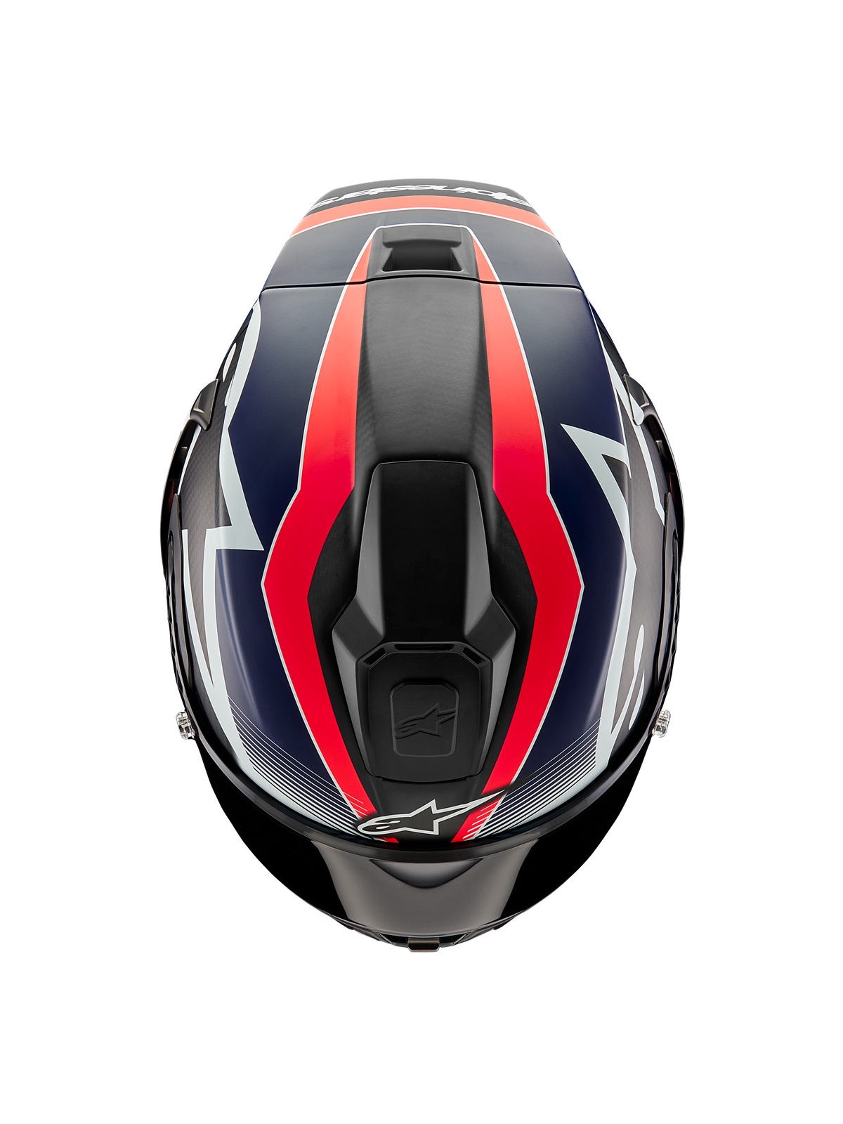 Casco Alpinestars Supertech R10 Team, vista dall'alto, carbonio nero con grafiche rosso fluo e blu opaco, design della calotta aerodinamico con prese d'aria superiori e audaci accenti racing