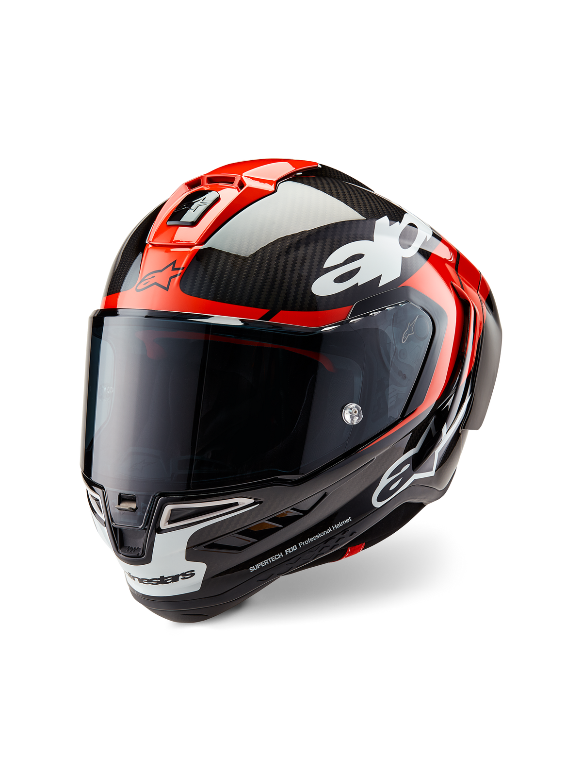 Casco Alpinestars Supertech R10 Element, casco da moto da corsa, nero carbonio, rosso acceso e bianco lucido, vista frontale a tre quarti con visiera scura fumé, calotta in fibra di carbonio lucida, prese d'aria superiori rosse, dettagli bianchi sulla mentoniera e loghi Alpinestars in evidenza, progettato per prestazioni aerodinamiche da competizione.