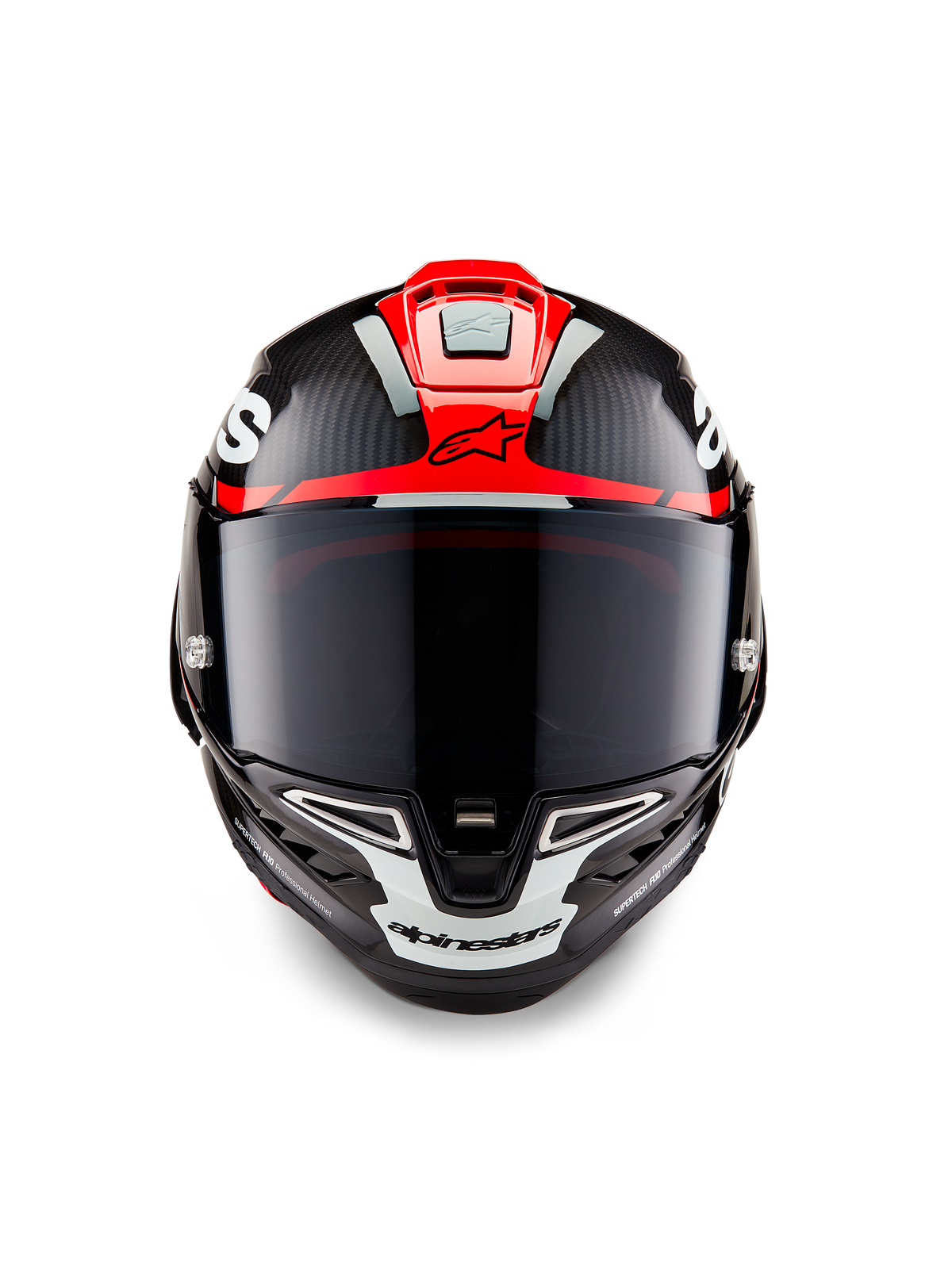 Casco Alpinestars Supertech R10 Element, Nero Carbonio con grafiche lucide Rosso Brillante e Bianco, vista frontale con visiera fumé scura, trama in fibra di carbonio a vista e ventilazione integrata, casco da moto professionale racing