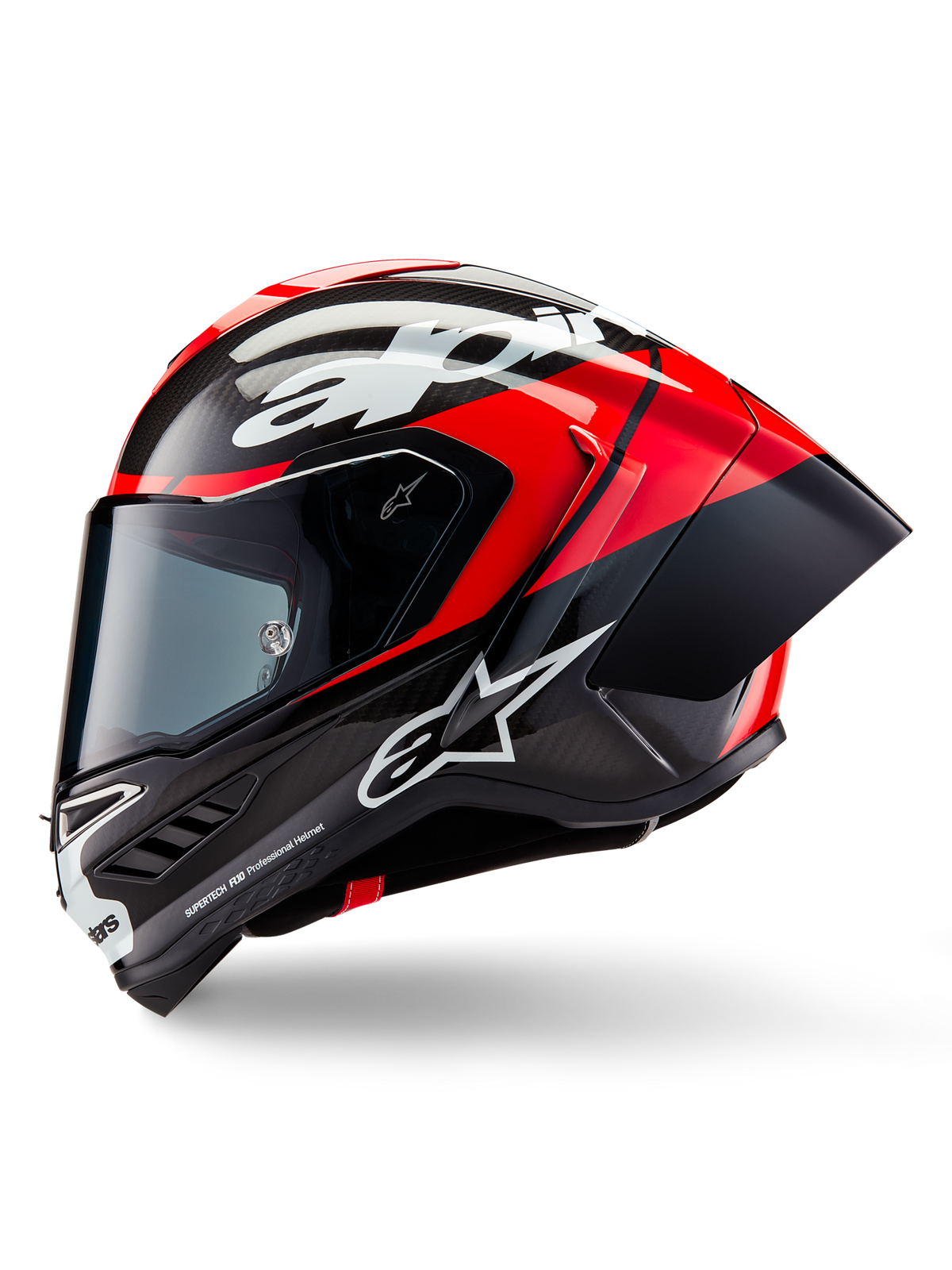 Casco Alpinestars Supertech R10 Element, casco integrale da corsa, carbonio nero, rosso acceso e bianco lucido, vista laterale che mostra la calotta aerodinamica in fibra di carbonio con trama a vista, logo Alpinestars bianco e spoiler posteriore integrato