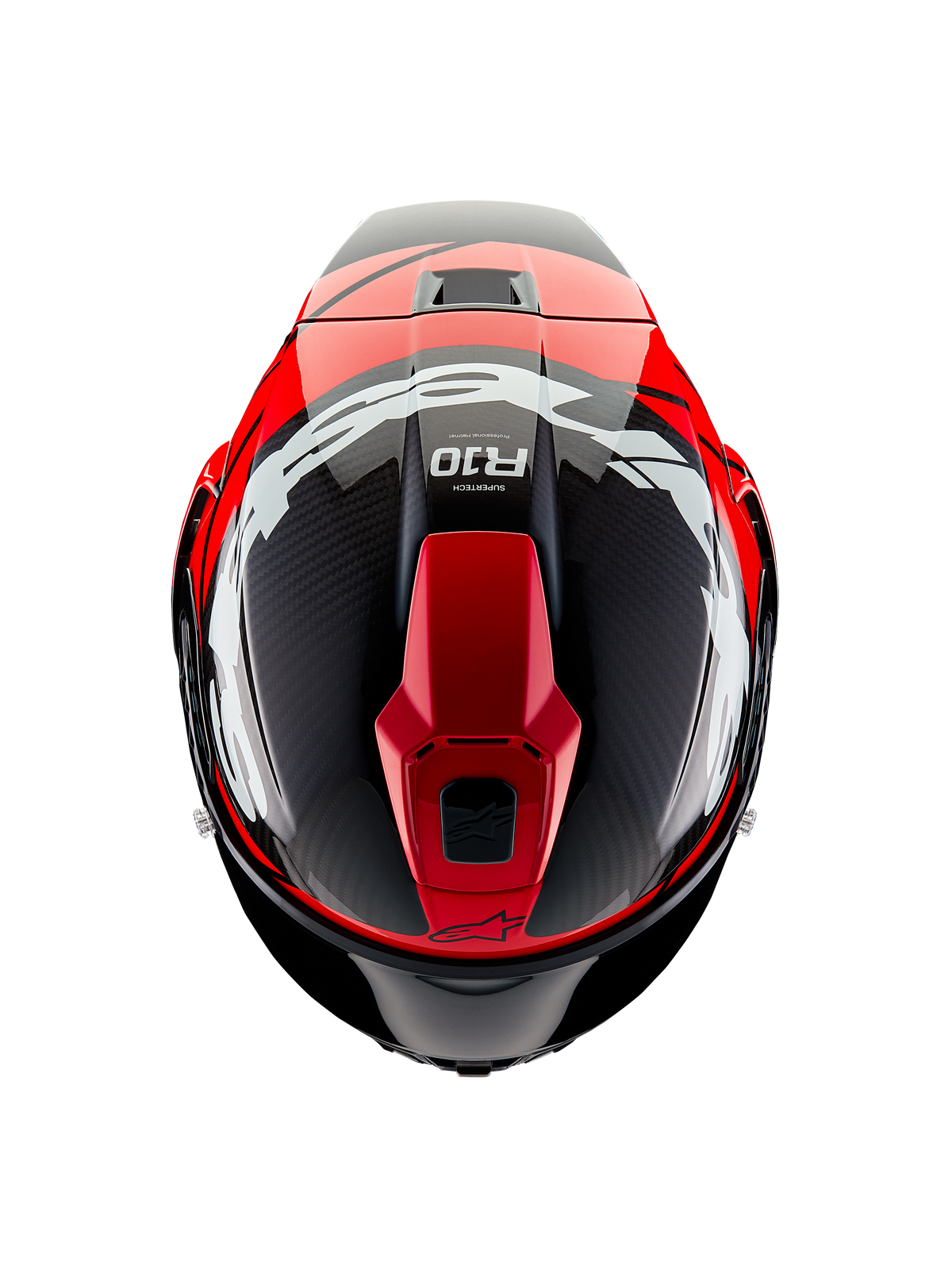 Casco Alpinestars Supertech R10 Element, vista dall'alto, carbonio nero con grafiche rosso brillante e bianco lucido, casco da gara aerodinamico con grandi loghi bianchi e trama in fibra di carbonio a vista