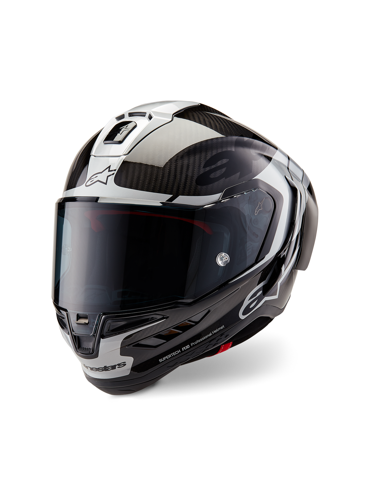 Casco Alpinestars Supertech R10 Element, casco integrale racing da moto, nero carbonio, argento e nero lucido, con visiera fumé scura, calotta aerodinamica in fibra di carbonio e marchio Alpinestars