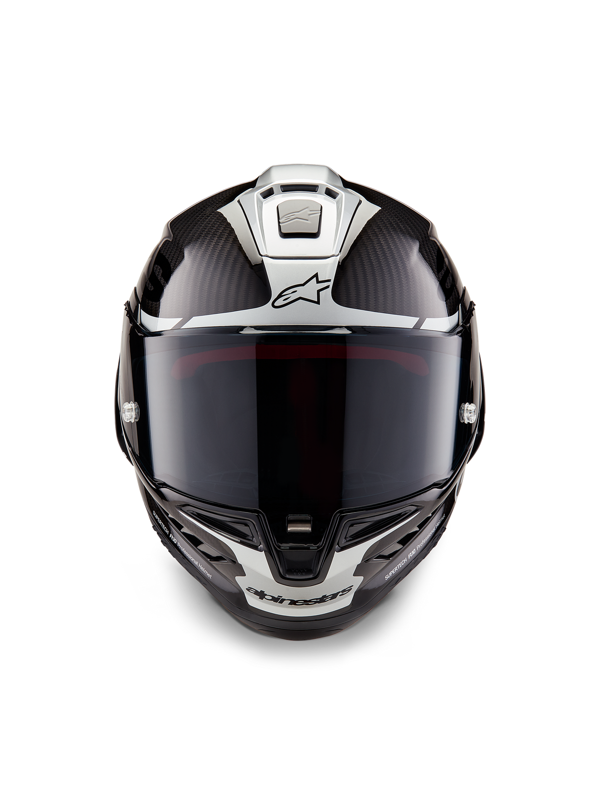 Casco Alpinestars Supertech R10 Element, casco integrale da corsa, nero carbonio e argento lucido, vista frontale con visiera fumé scura, trama in fibra di carbonio lucida, grafiche aerodinamiche argento e loghi Alpinestars