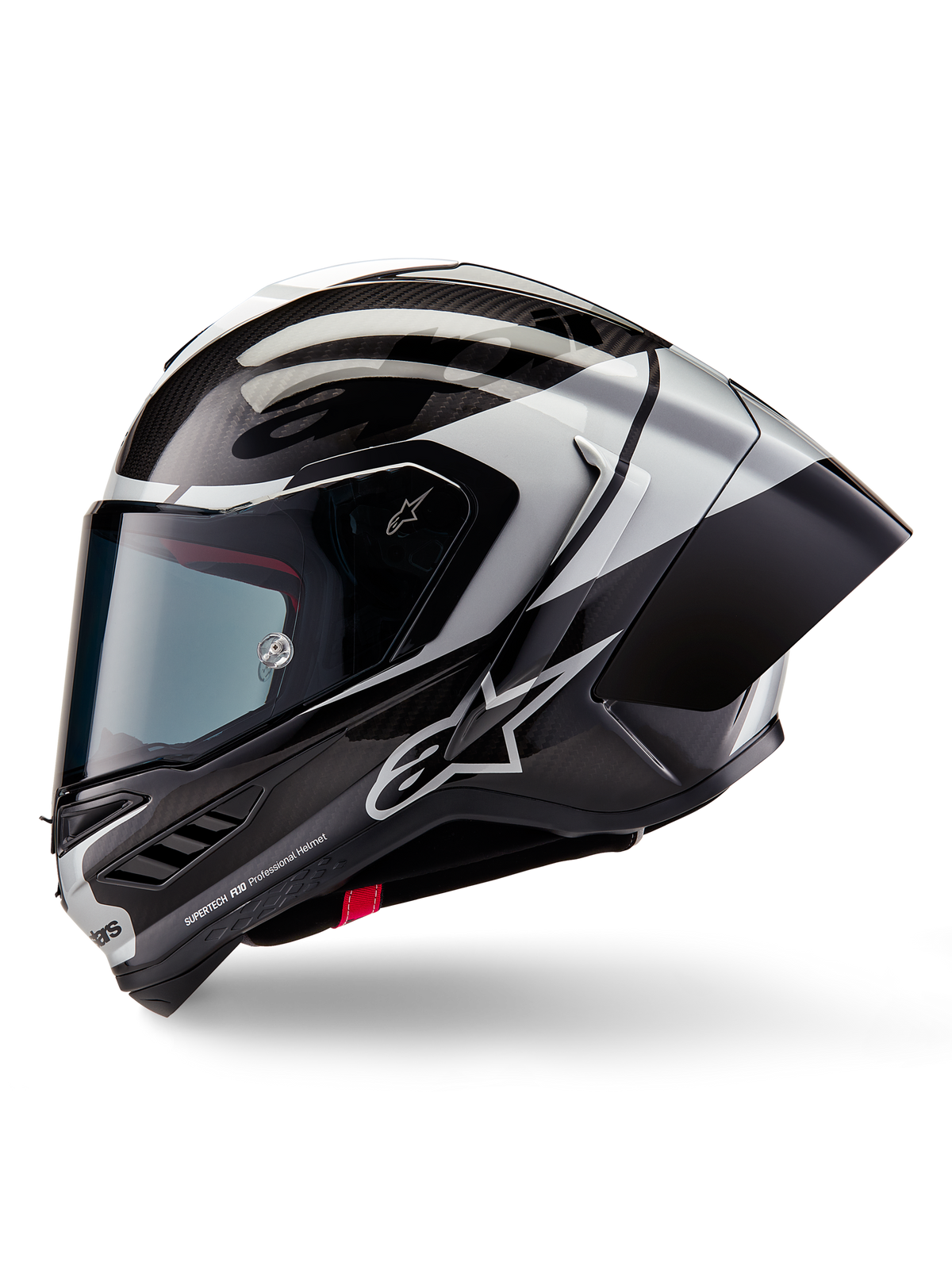Casco Alpinestars Supertech R10 Element, casco integrale da moto racing, Nero Carbonio Argento e Nero Lucido, vista di profilo laterale con trama in fibra di carbonio e spoiler posteriore aerodinamico, design aerodinamico con loghi Alpinestars e finitura professionale da gara