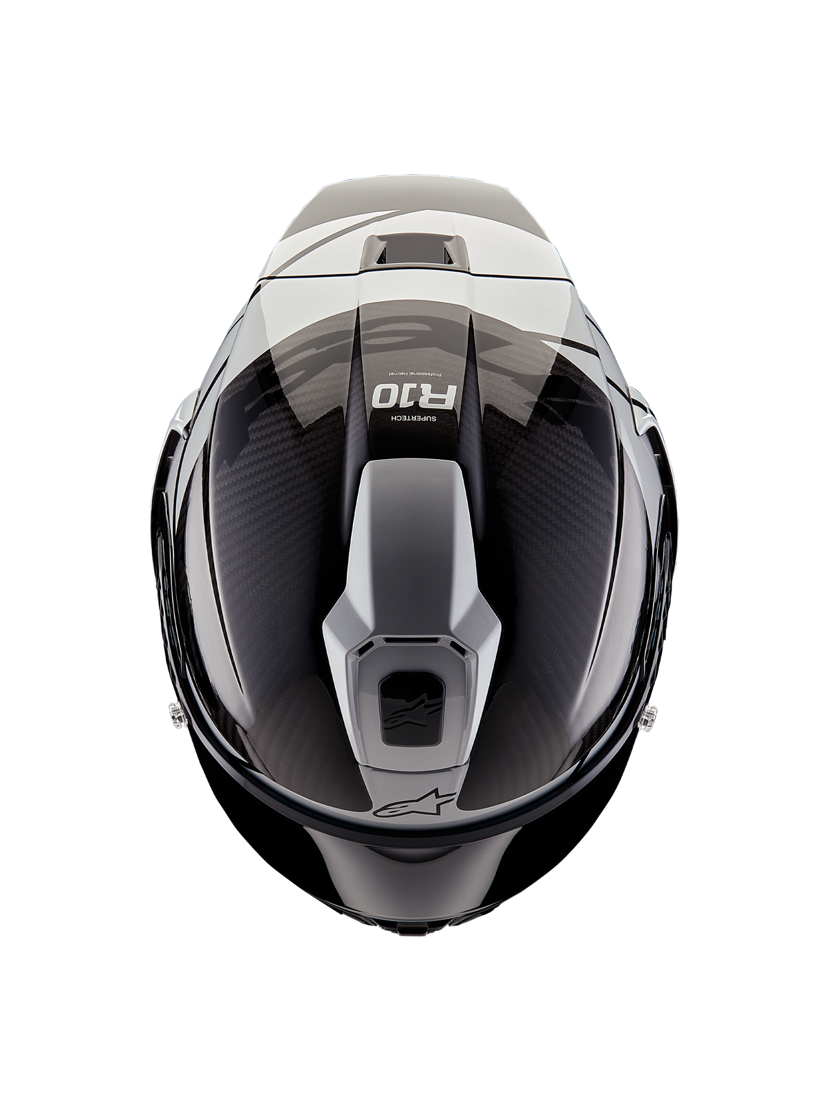 Casco Alpinestars Supertech R10 Element, vista dall'alto, Nero Carbonio e Argento, finitura lucida con trama in fibra di carbonio a vista, struttura delle prese d'aria aerodinamiche, logo R10 e marchio Alpinestars, casco da moto professionale da corsa