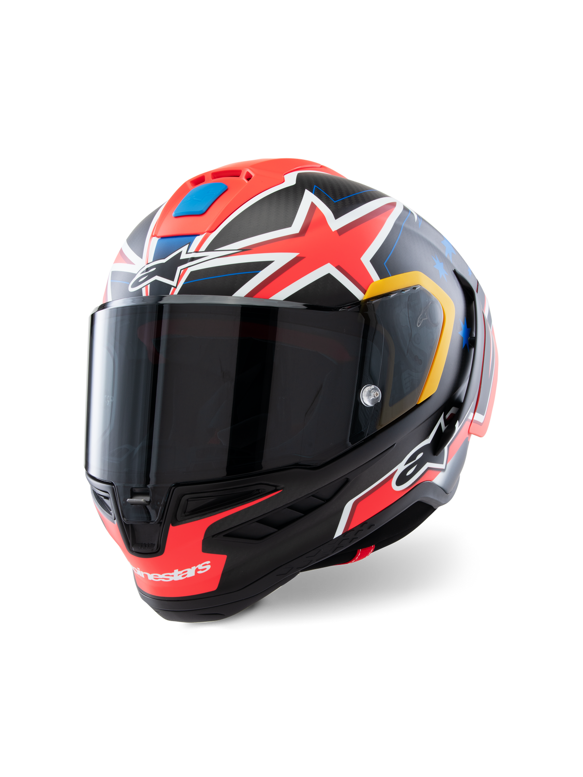 Alpinestars Supertech R10 Miller Limited Edition, casco integrale da gara, Carbon Red Matt con stelle rosse, accenti grafici blu e gialli, visiera fumo scuro, calotta aerodinamica in carbonio per competizioni motociclistiche professionali