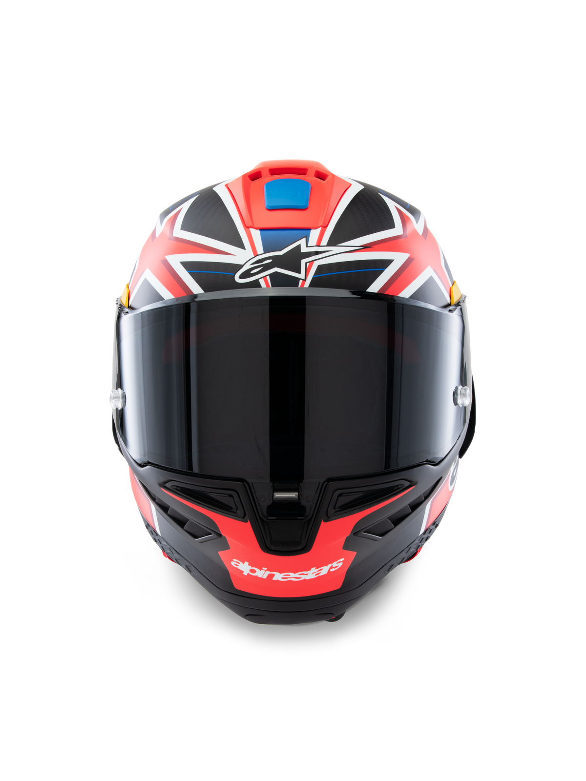 Casco Alpinestars Supertech R10 Miller Limited Edition, vista frontale, casco integrale da moto racing con grafica Carbon Red Matt e dettagli bianchi e blu, visiera fumo scuro, design firmato Jack Miller, costruzione della calotta in carbonio aerodinamica