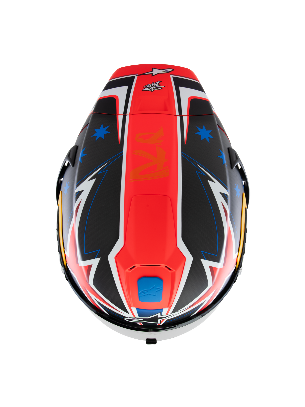 Casco Alpinestars Supertech R10 Miller Limited Edition, vista dall'alto, grafica Carbon Red Matt con striscia rossa centrale, stelle blu su sezioni in fibra di carbonio nera, accenti bianchi e blu a forma di fulmine, design racing aerodinamico per prestazioni su pista.