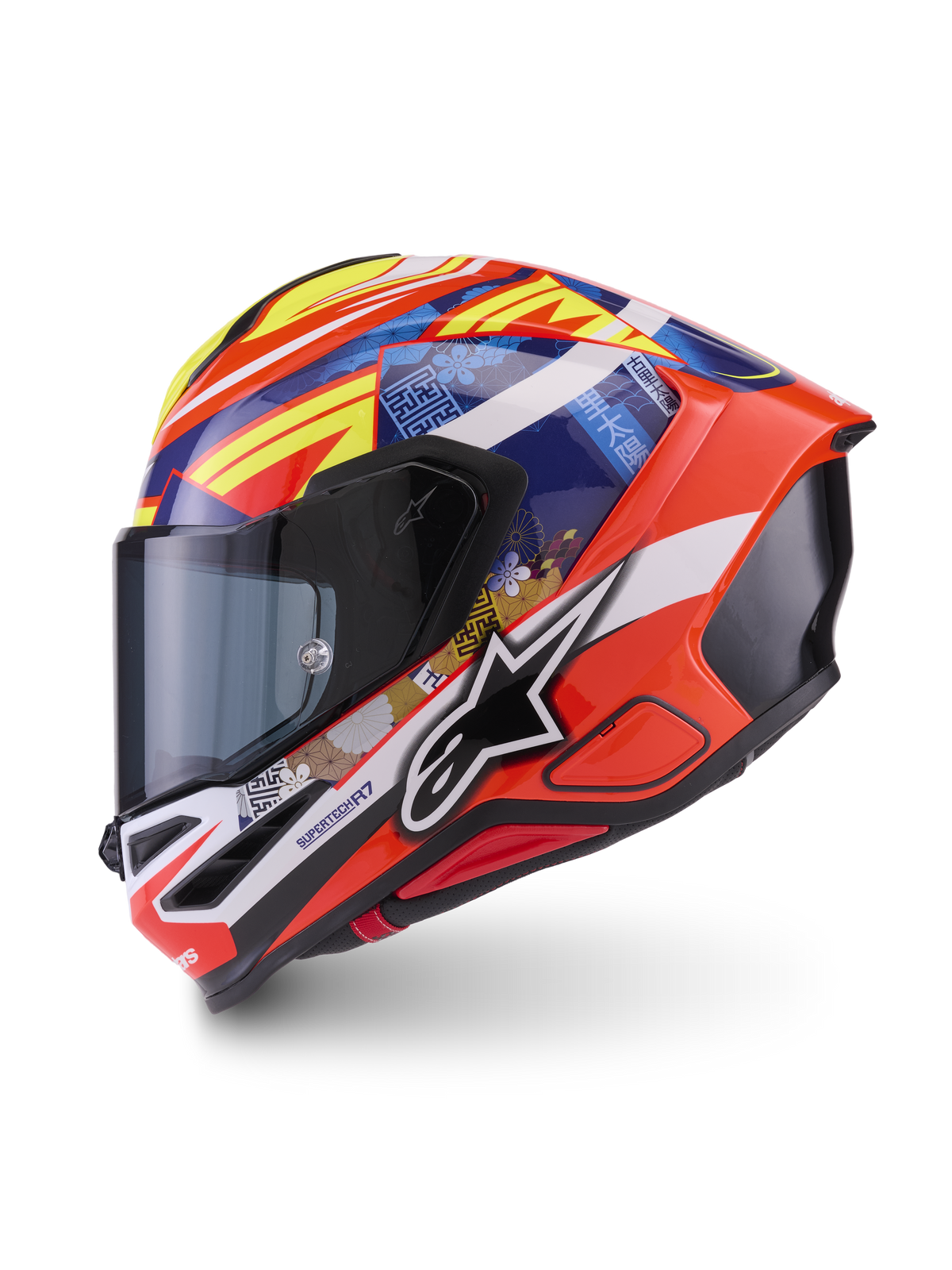 Alpinestars Casco S-R7 Taiyo Furusato ECE 22.06, casco integrale da moto racing, rosso, bianco, blu e giallo, costruzione in composito di carbonio con spoiler aerodinamico e visiera in classe ottica 1