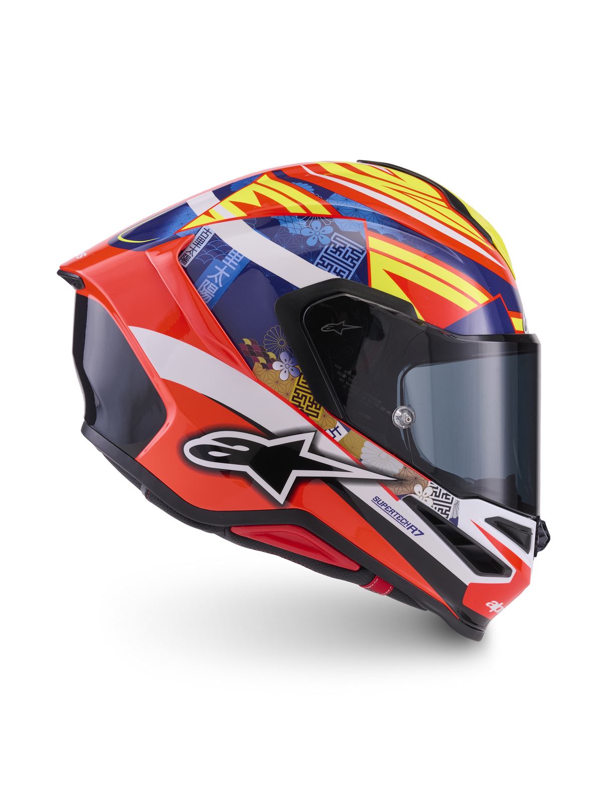 Alpinestars Casco S-R7 Taiyo Furusato ECE 22.06, casco integrale da moto racing, rosso, bianco, blu e giallo, calotta in carbonio con grafica e spoiler aerodinamico