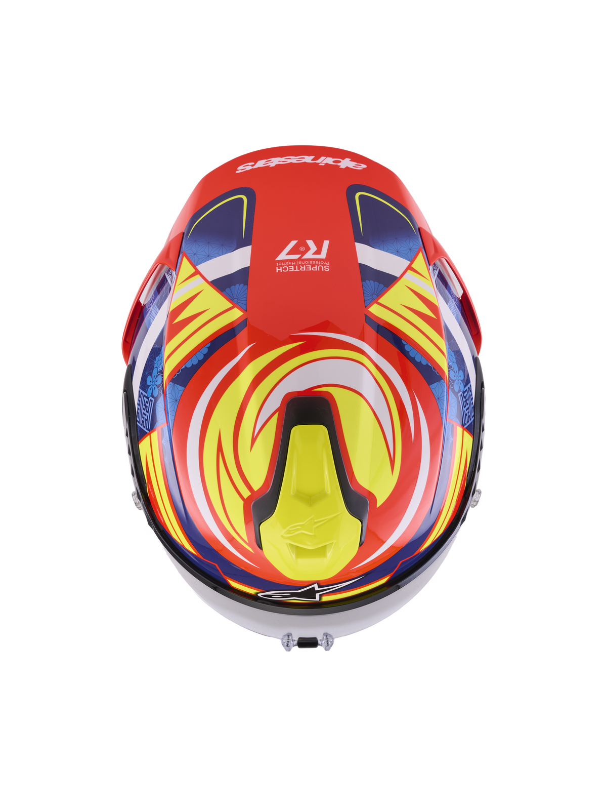 Alpinestars Casco S-R7 Taiyo Furusato ECE 22.06, casco da moto integrale racing, rosso, bianco, blu e giallo lucido, vista dall'alto con spoiler aerodinamico e prese d'aria