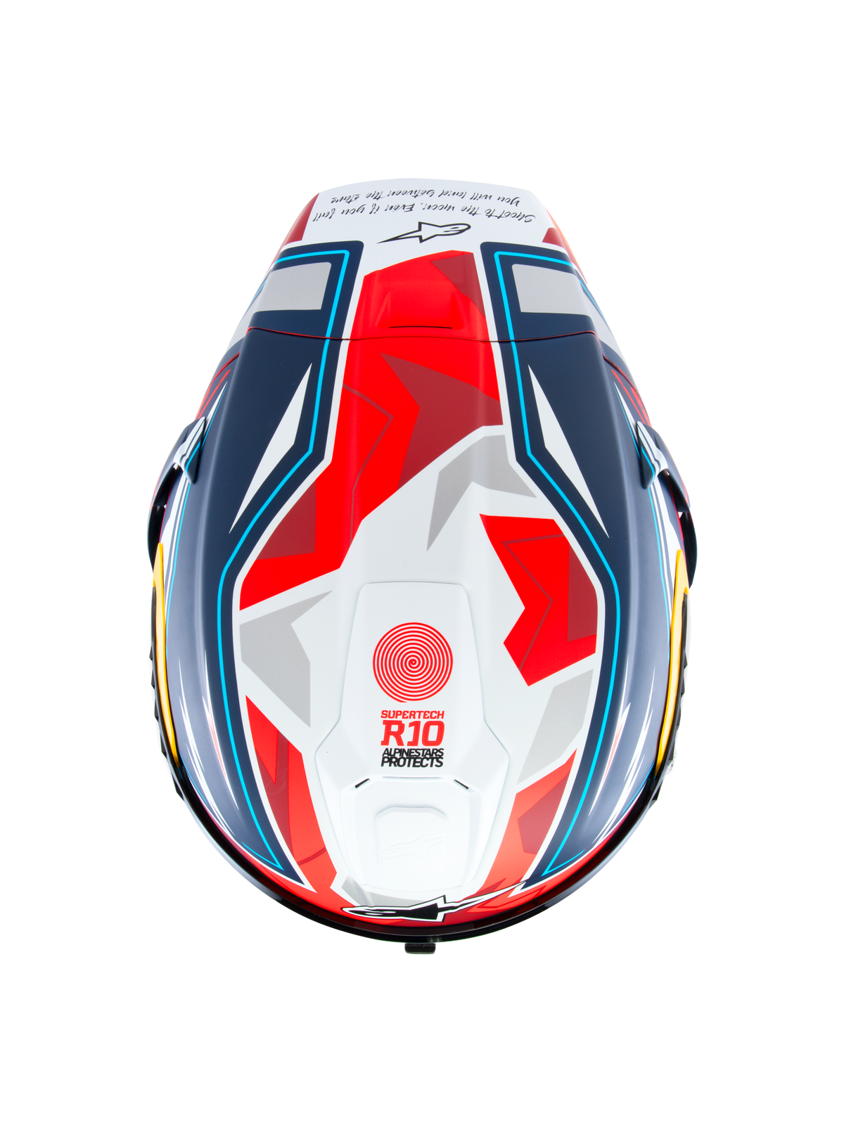 Casco Alpinestars Supertech R10 Acosta Edizione Limitata, vista superiore del casco da corsa in carbonio blu, rosso e bianco opaco con spoiler aerodinamico e grafica race, certificato ECE 22.06 e FIM