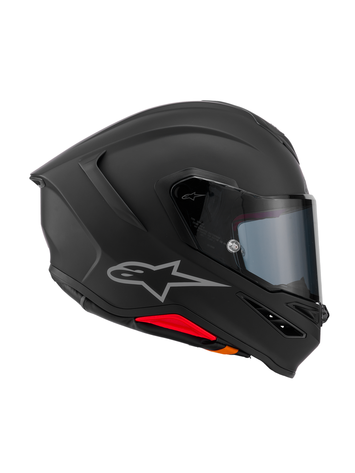 Alpinestars Casco S-R7 Solid ECE 22.06, casco integrale da moto, nero opaco, vista laterale di profilo che mostra la calotta aerodinamica, spoiler posteriore integrato, logo Alpinestars argento, visiera trasparente e prese di ventilazione, equipaggiamento da competizione e guida sportiva