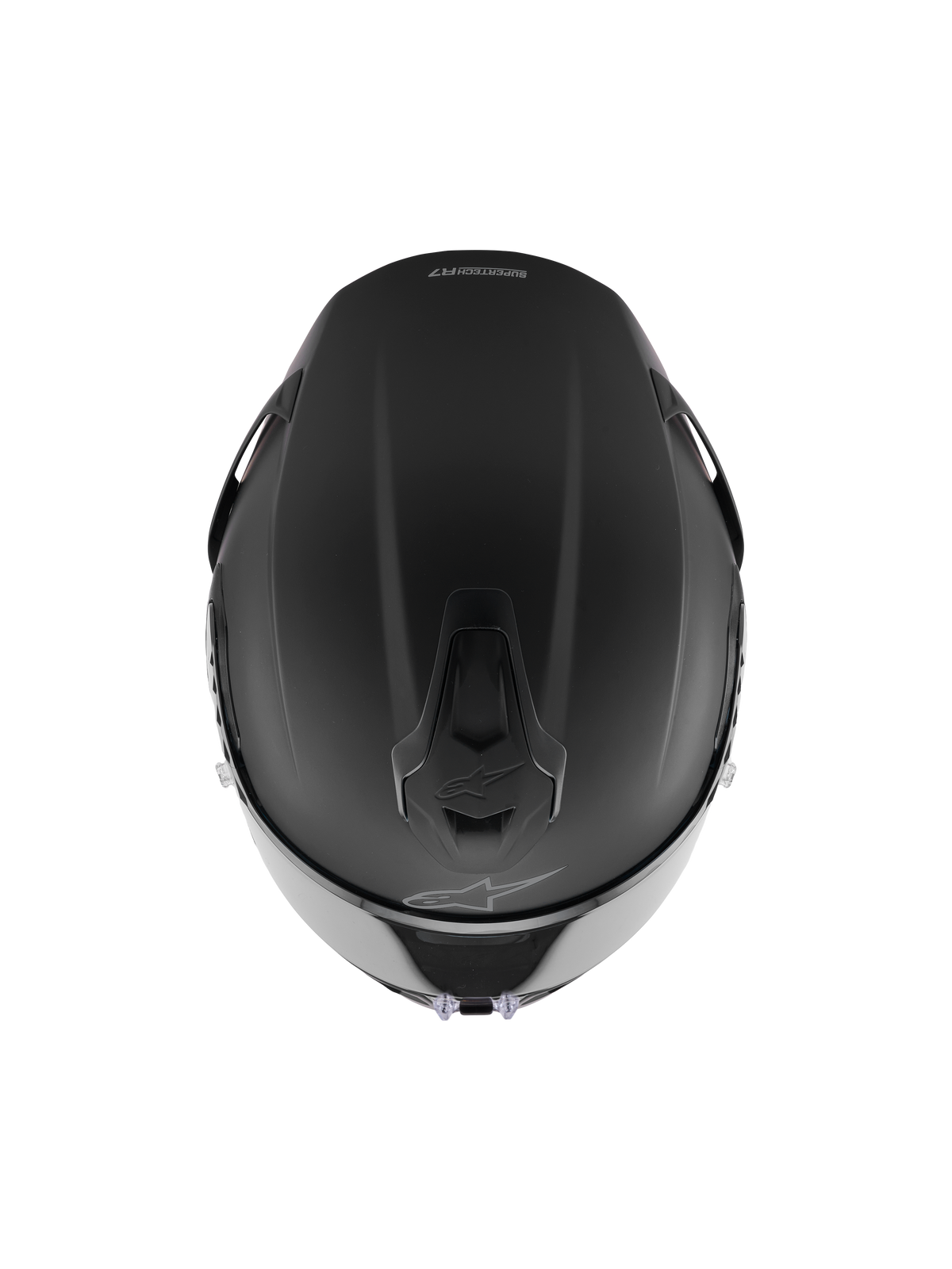 Casco Alpinestars S-R7 Solid, casco integrale da corsa, nero opaco, vista dall'alto che mostra la costruzione aerodinamica della calotta, prese di ventilazione integrate e discreto logo Alpinestars.
