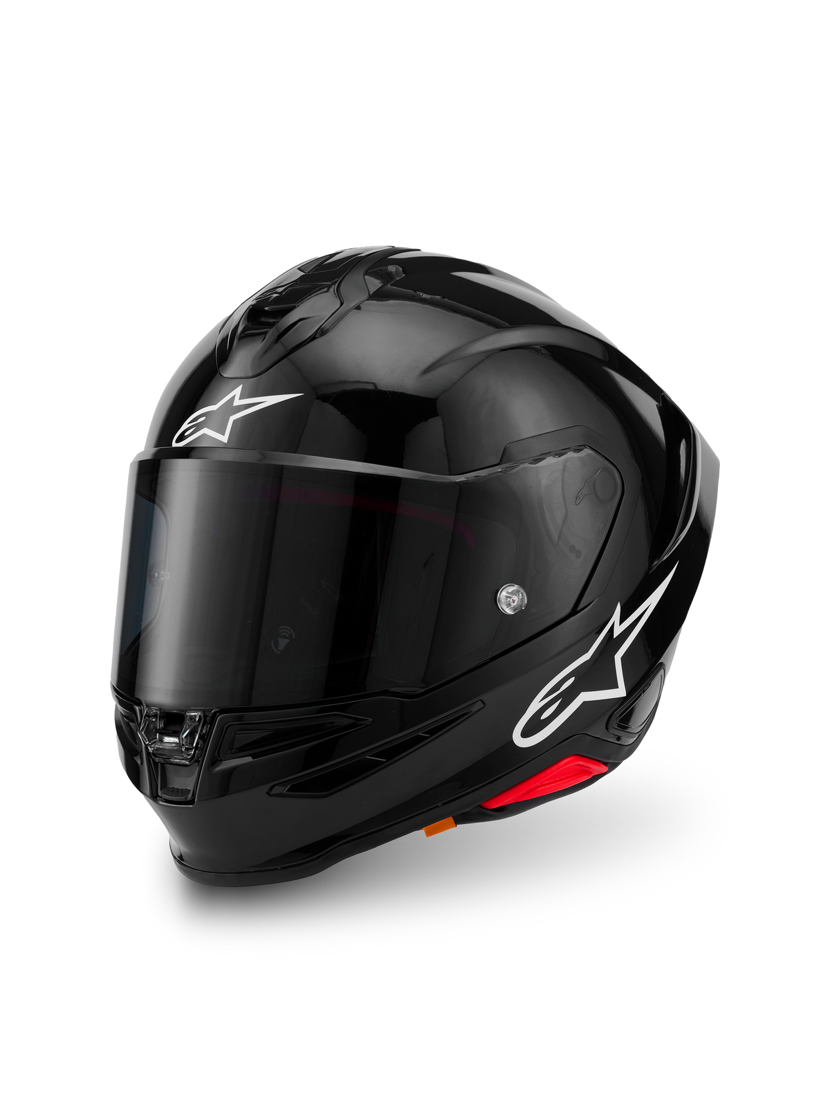 Alpinestars S-R7 Solid Casco ECE 22.06, casco integrale da moto, nero lucido, loghi a stella bianchi sulla fronte e sul lato, visiera trasparente e design aerodinamico con spoiler