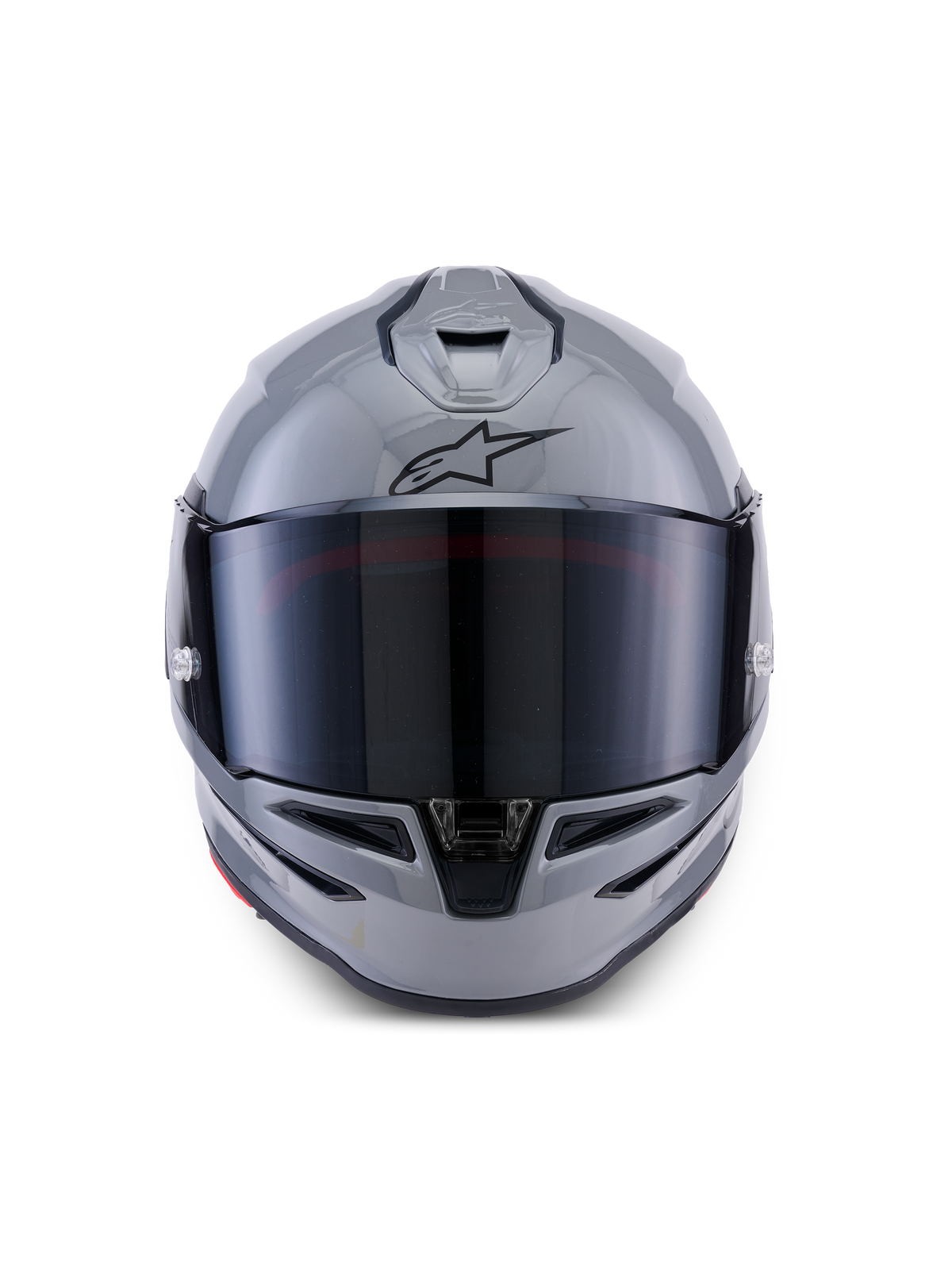 Casco Alpinestars S-R7 Solid, casco integrale da moto, grigio lucido, vista frontale con visiera scura, logo A-star nero sulla fronte, calotta aerodinamica con ventilazione integrata, progettato per prestazioni racing e sportive