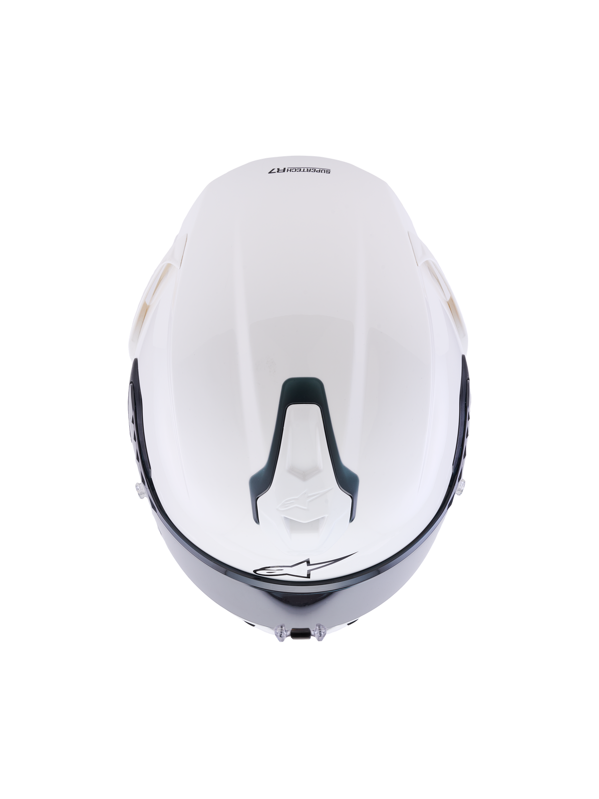 Casco Alpinestars S-R7 Solid, casco integrale da moto bianco lucido, vista dall'alto che mostra la calotta aerodinamica, presa di ventilazione superiore scorrevole con accenti neri e l'iconico logo a stella, design elegante di ispirazione racing per la stabilità ad alta velocità.