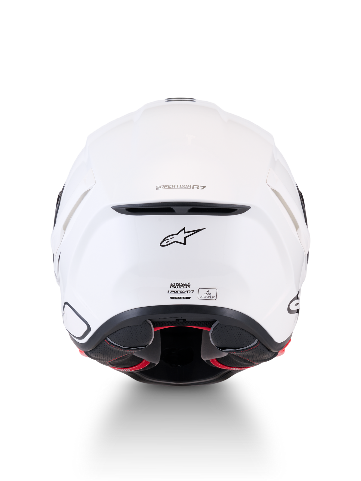 Alpinestars S-R7 Solid Casco ECE06/DOT, casco moto stradale, bianco lucido, vista posteriore con presa d'aria, logo a stella e certificazione ECE 22.06