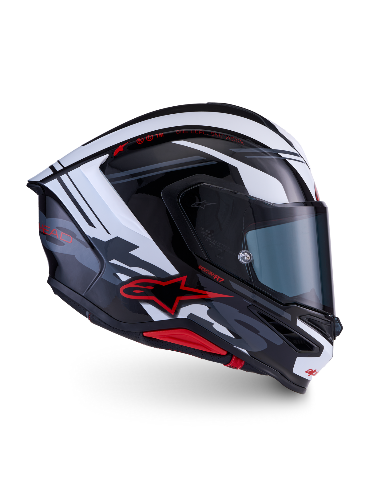 Casco Alpinestars S-R7 A-Core ECE 22.06, casco integrale da moto racing, nero, bianco e rosso lucido, costruzione in carbonio con profilo aerodinamico