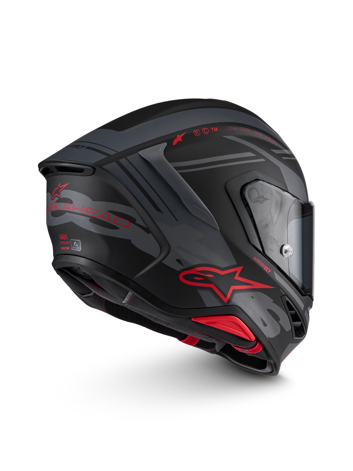 Alpinestars S-R7 A-Core Casco ECE 22.06, casco integrale da moto road racing in nero, grigio e rosso opaco con struttura in composito di carbonio, vista laterale che mostra l'aerodinamica e la visiera