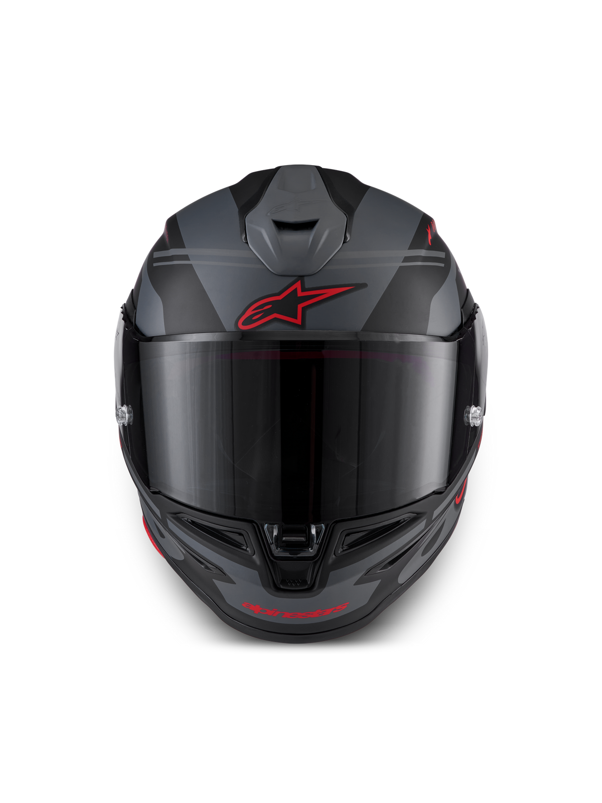 Alpinestars Casco S-R7 A-Core ECE 22.06, casco integrale da moto racing, nero, grigio e rosso, vista frontale con ventilazione aerodinamica e visiera trasparente