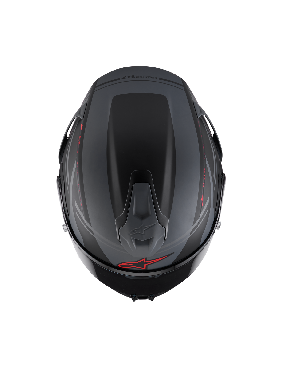Alpinestars Casco S-R7 A-Core ECE 22.06, casco integrale da moto racing, vista dall'alto con spoiler aerodinamico e prese d'aria, nero opaco, grigio e rosso