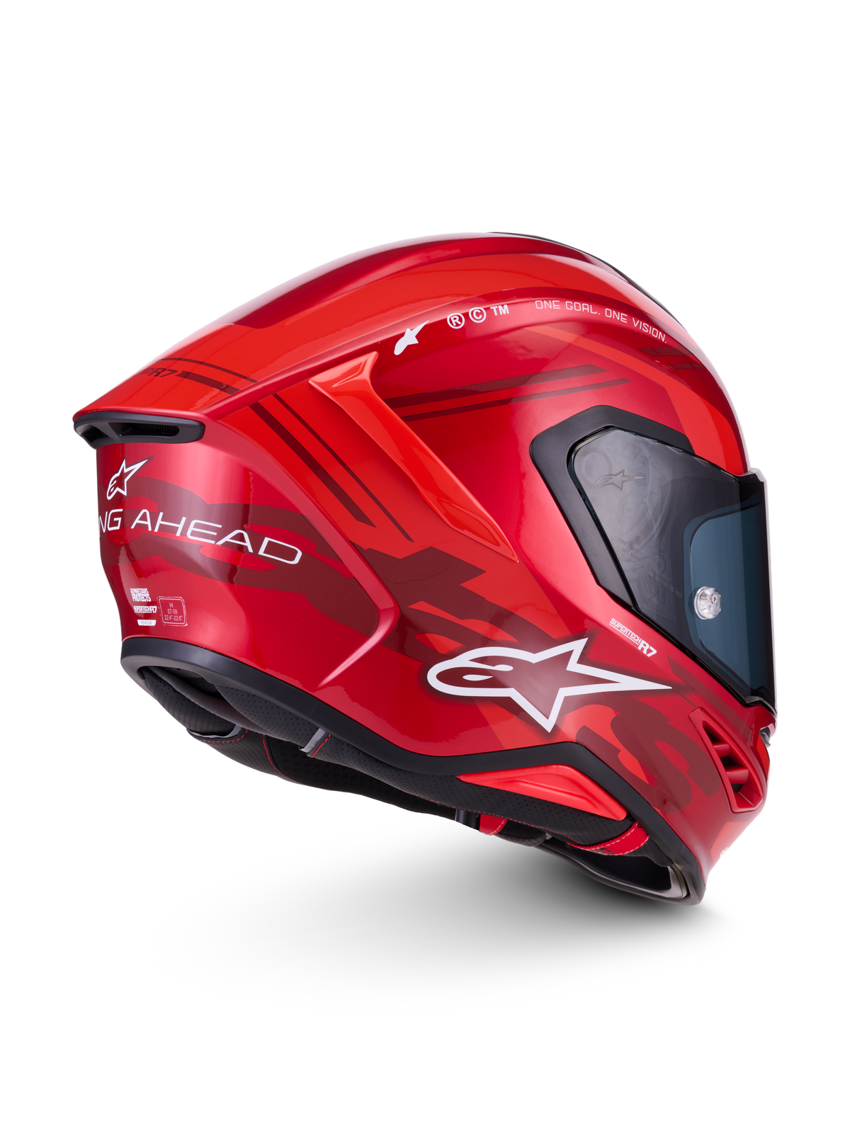 Alpinestars S-R7 A-Core Casco ECE06, casco integrale da moto road, rosso e bianco lucido, vista del profilo laterale con aerodinamica avanzata e dettagli del marchio