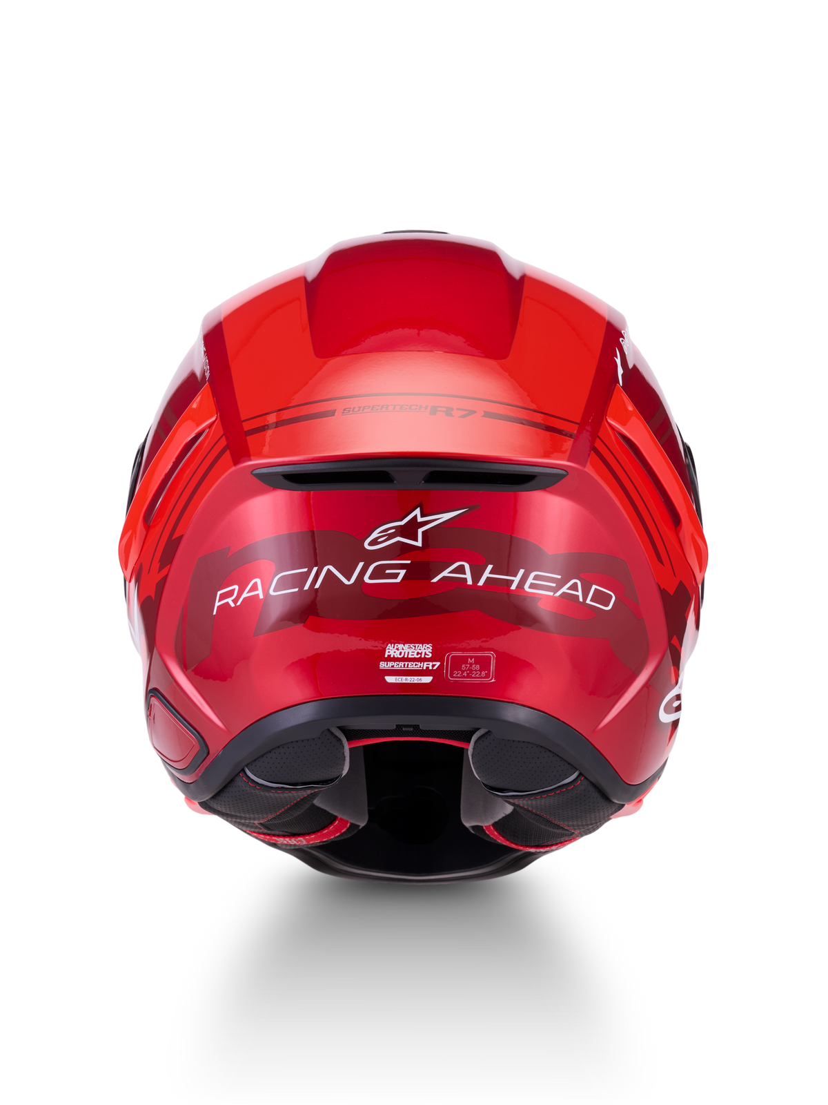 Alpinestars S-R7 A-Core Casco, casco da moto racing ECE 22.06, vista posteriore con finitura rosso lucido e marchio "Racing Ahead"