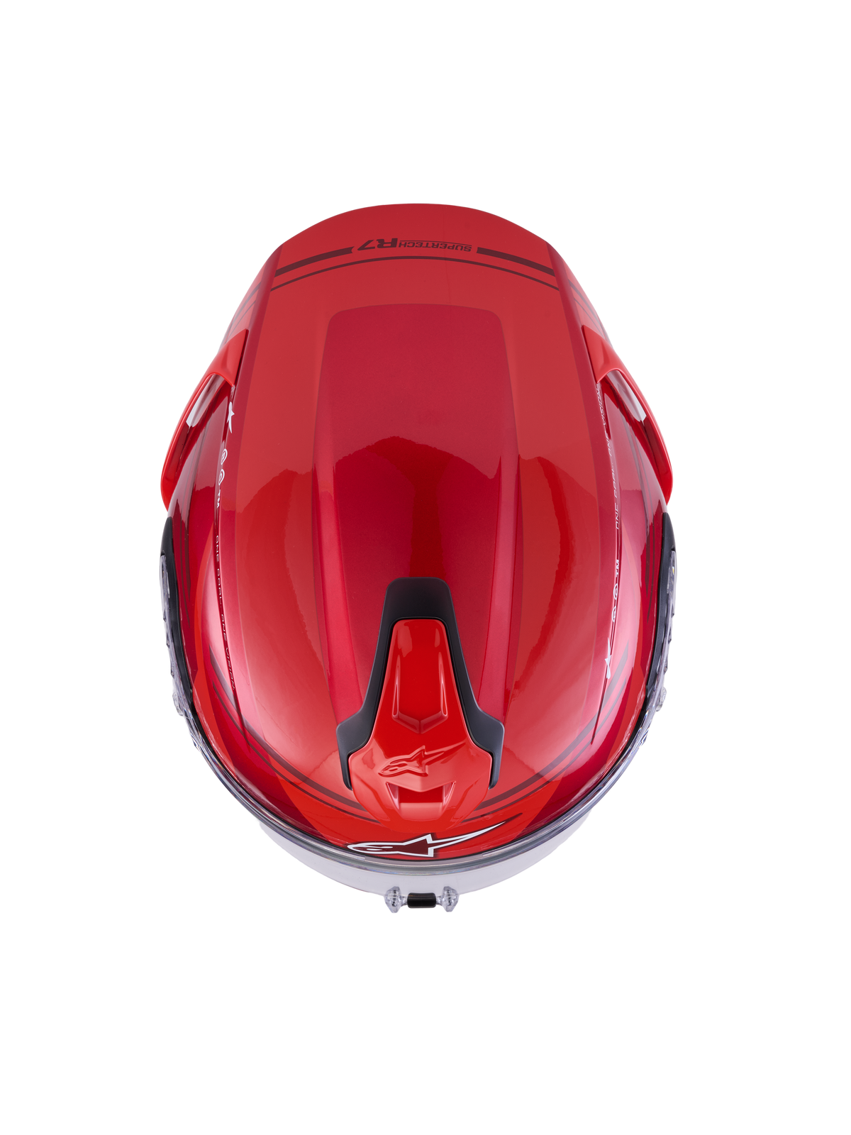 Alpinestars S-R7 A-Core Casco ECE06, casco da moto racing, vista dall'alto con calotta in carbonio rosso e bianco lucido, dettagli di ventilazione neri