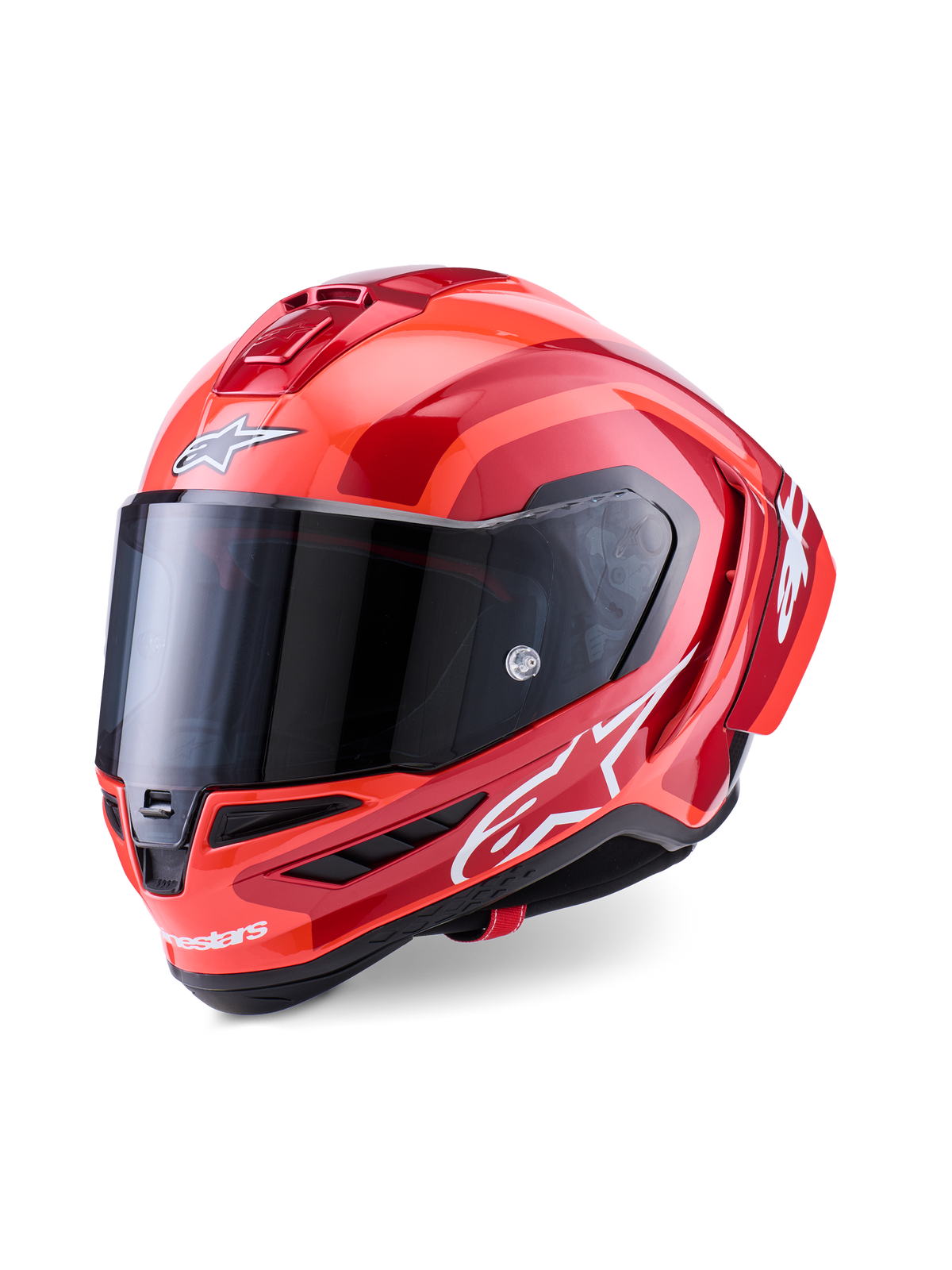 Casco Alpinestars Supertech R10 Arius, casco integrale racing, rosso e arancione lucido, con loghi Alpinestars bianchi, visiera fumé scura, design aerodinamico in composito di carbonio con sistema di ventilazione multiplo