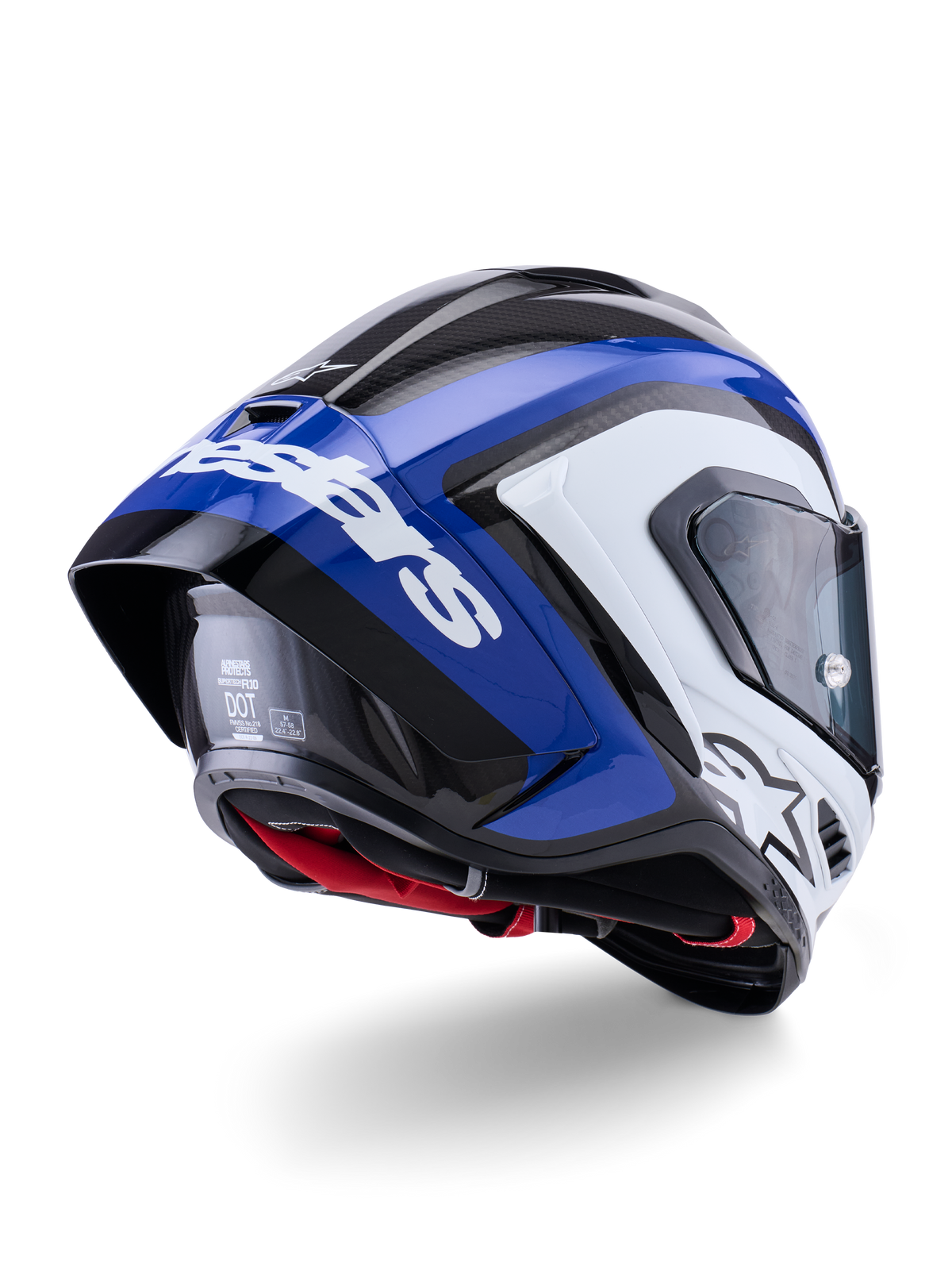 Casco Alpinestars Supertech R10 Arius, casco integrale da corsa, nero, bianco e blu lucido, vista di tre quarti posteriore che mostra lo spoiler aerodinamico, trama in fibra di carbonio a vista e marchio Alpinestars bianco in evidenza