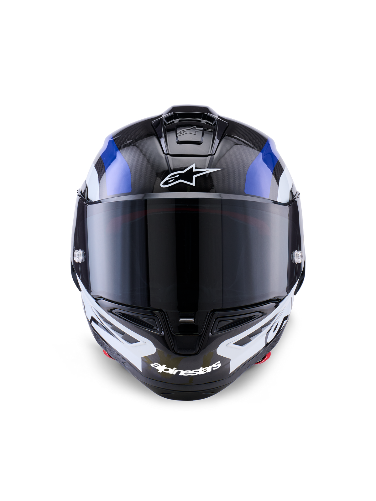 Casco Alpinestars Supertech R10 Arius, casco integrale racing, nero, bianco e blu lucido, vista frontale con visiera scura, trama in fibra di carbonio visibile sulla calotta superiore, logo Alpinestars bianco su fronte e mento, design aerodinamico per corse professionali