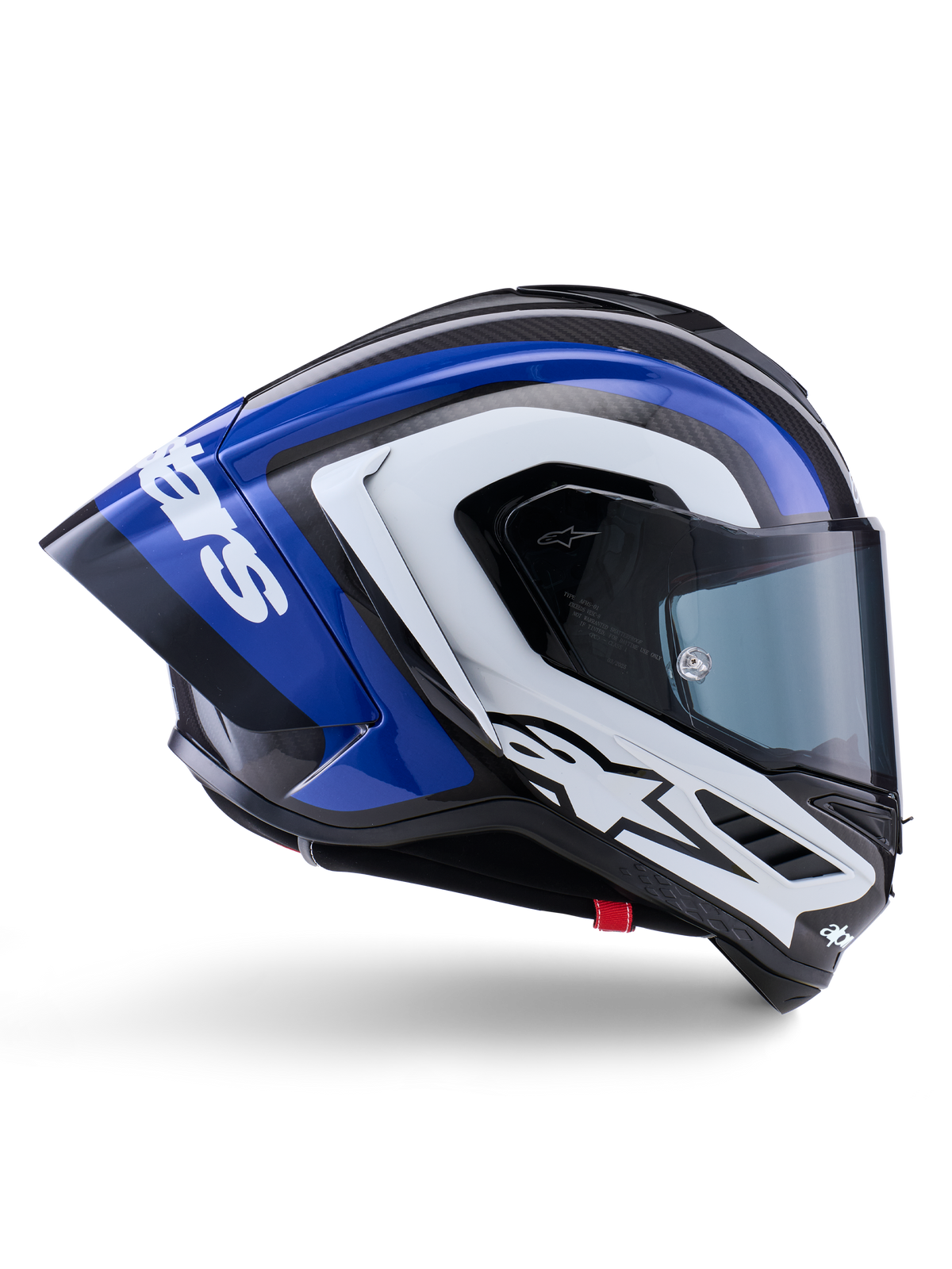 Casco Alpinestars Supertech R10 Arius, casco integrale racing, finitura lucida nera, bianca e blu, vista laterale aerodinamica che mostra la calotta in fibra di carbonio e il grande spoiler posteriore con logo Alpinestars, equipaggiamento protettivo professionale da moto
