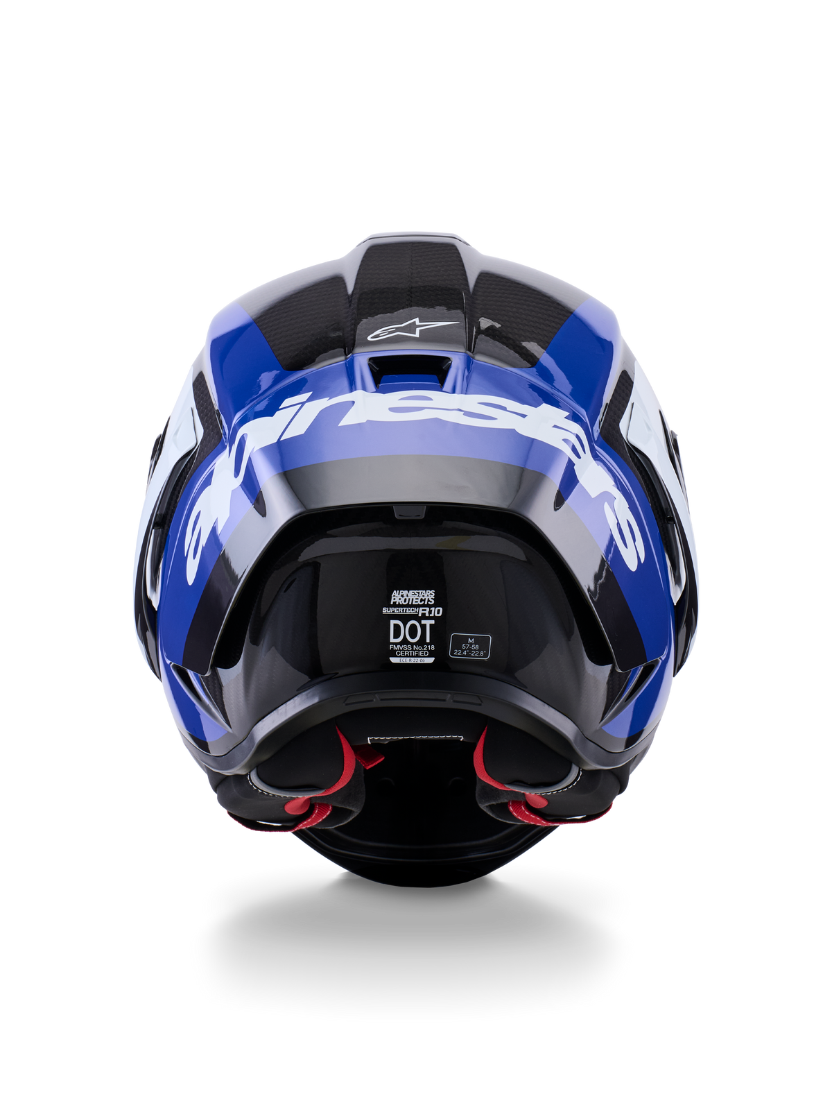 Casco Alpinestars Supertech R10 Arius, vista posteriore, nero, bianco e blu lucido, costruzione in fibra di carbonio con logo bianco evidente, forma aerodinamica, etichetta di certificazione DOT, imbottitura interna rossa