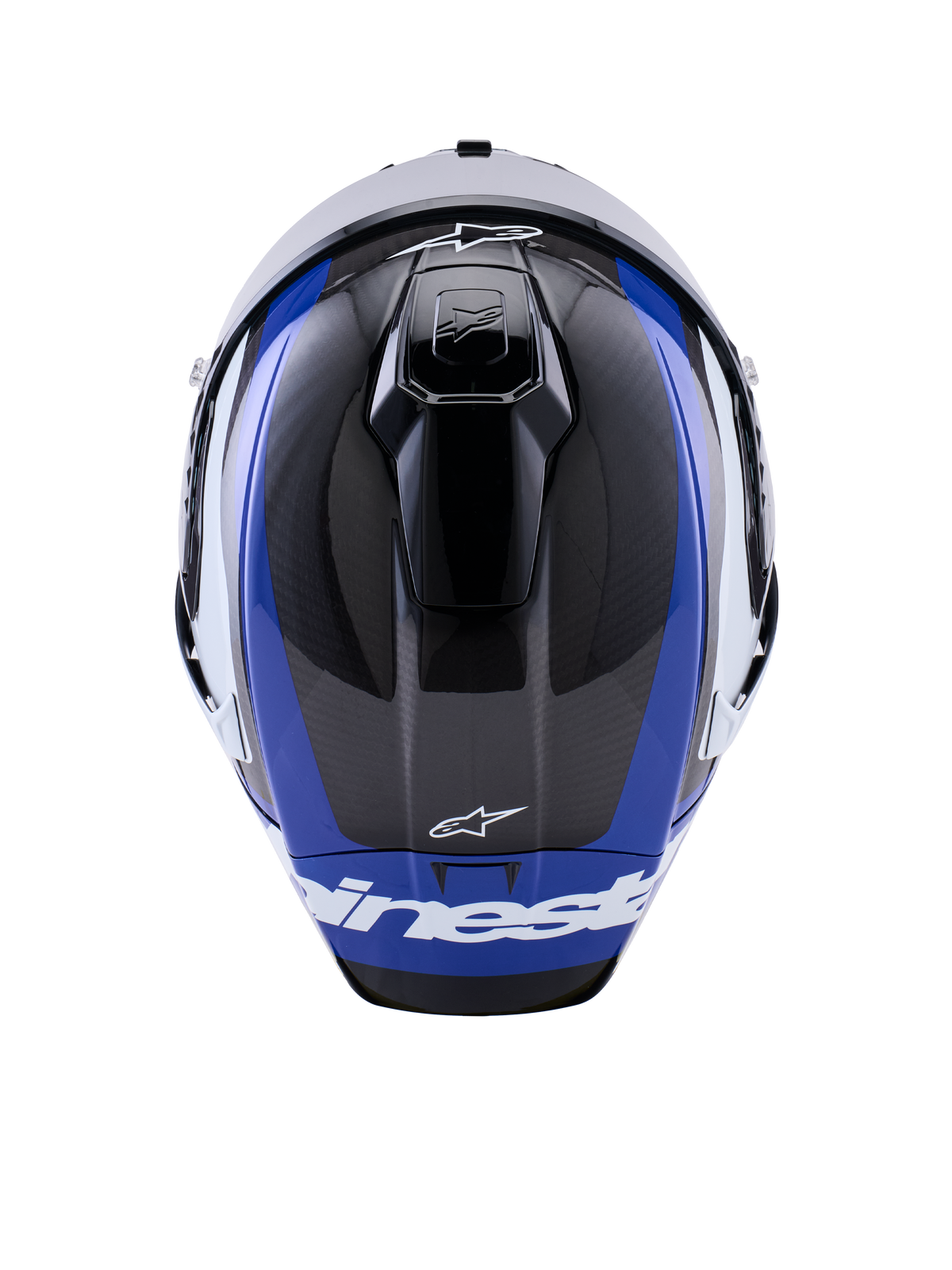 Casco Alpinestars Supertech R10 Arius, casco integrale da moto racing, nero lucido, bianco e blu, vista dall'alto che evidenzia la trama in fibra di carbonio, le prese d'aria aerodinamiche e il marchio Alpinestars bianco