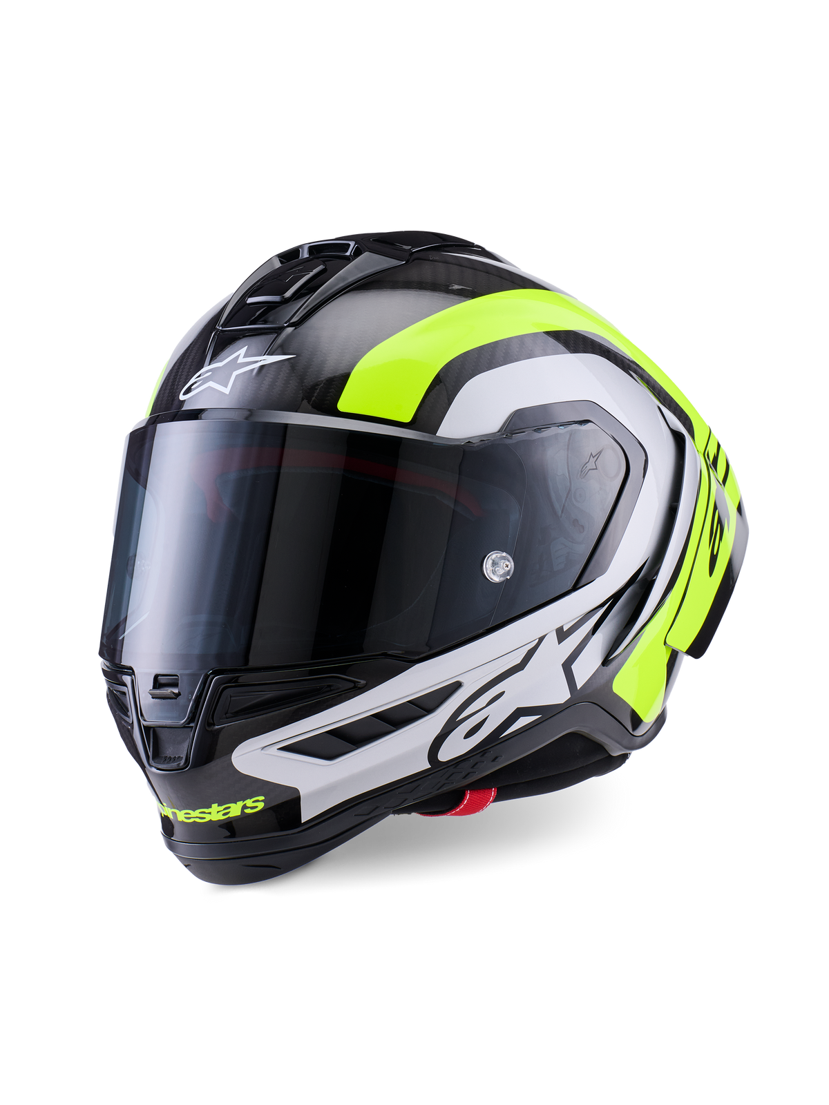 Casco Alpinestars Supertech R10 Arius, casco da moto racing professionale, carbonio nero lucido con accenti argento e giallo fluorescente, dotato di visiera scura, alette aerodinamiche e logo Alpinestars in evidenza