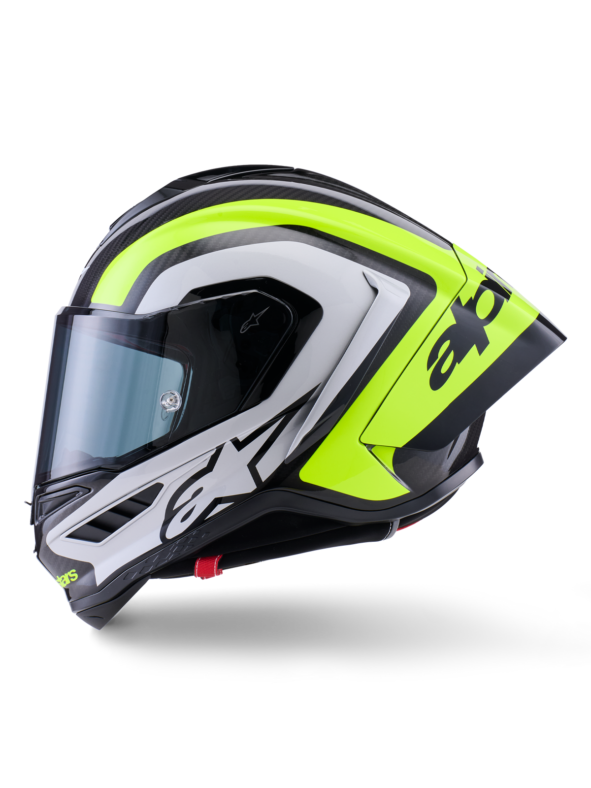 Casco Alpinestars Supertech R10 Arius, casco da moto racing, nero, argento e giallo fluo lucido, vista laterale, dotato di spoiler posteriore aerodinamico, costruzione in fibra di carbonio, branding evidente e visiera oscurata.
