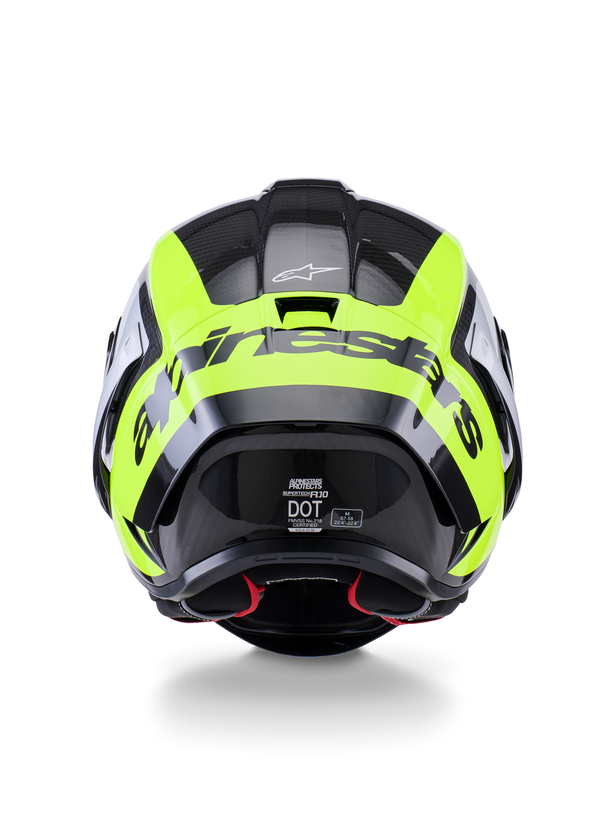 Casco Alpinestars Supertech R10 Arius, vista posteriore, nero, argento e giallo fluo lucido, casco racing ad alte prestazioni con calotta in carbonio multistrato, design aerodinamico e grande logo del brand sul retro.