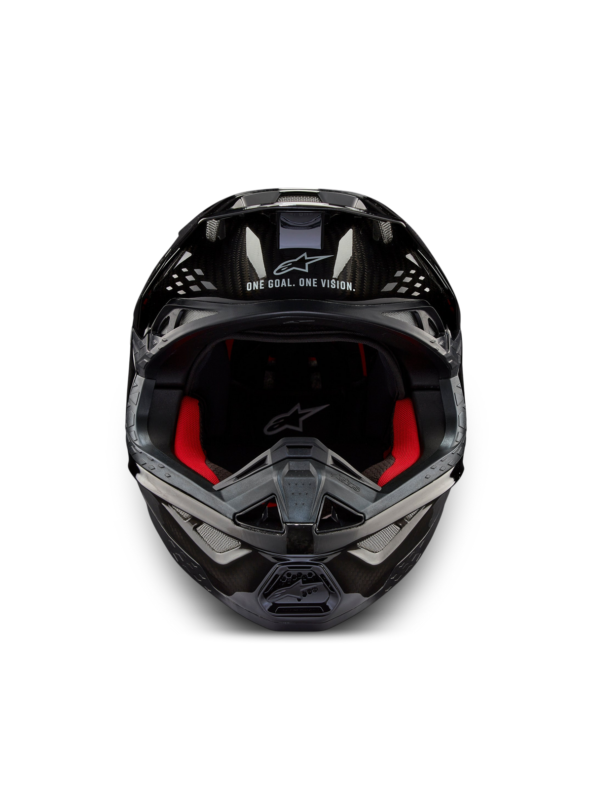 Alpinestars Supertech M10 Solid ECE 22.06, casco da motocross visto frontalmente, carbonio nero lucido con imbottitura interna rossa e prese d’aria