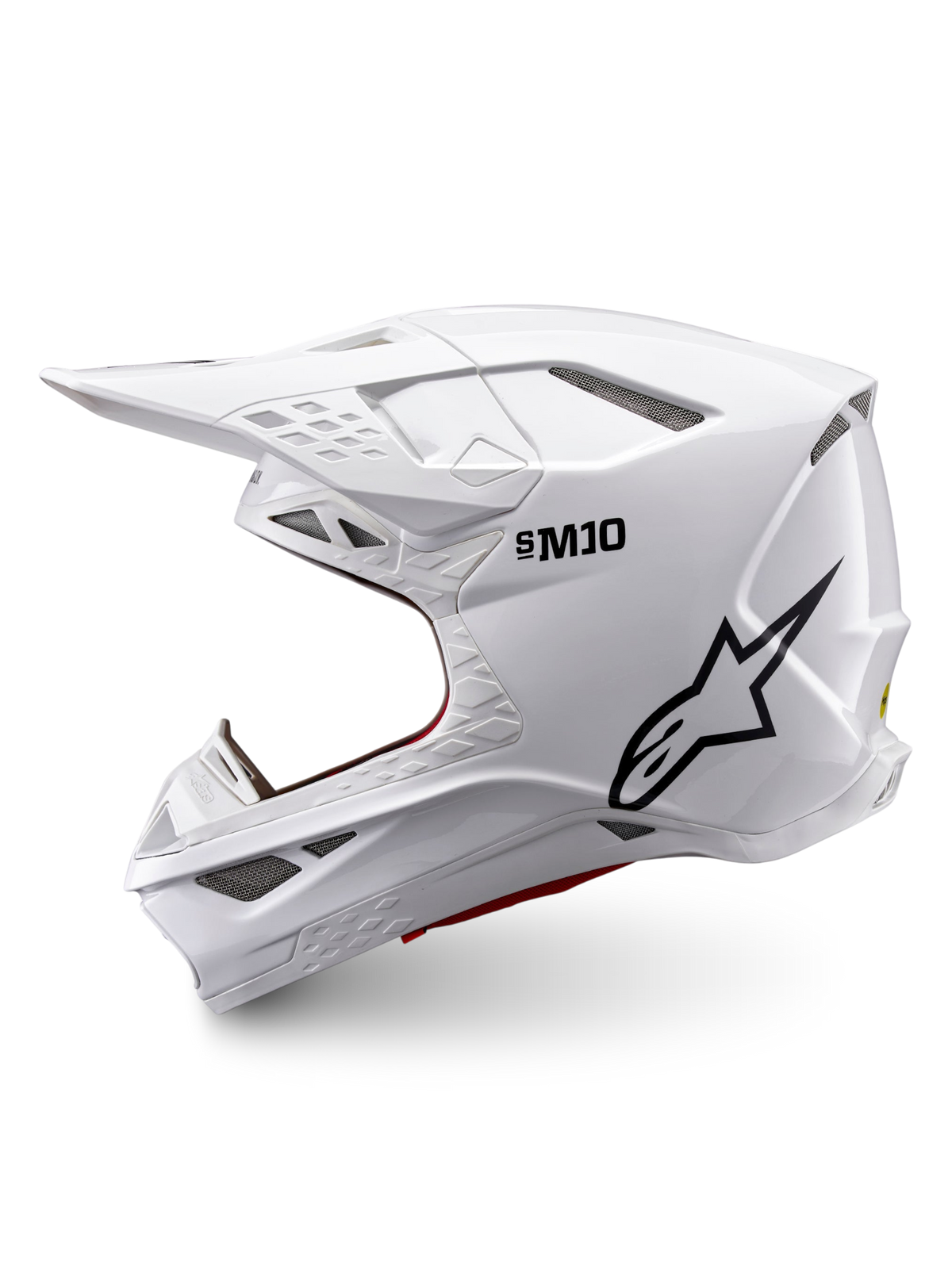 Alpinestars Supertech M10 Solid ECE 22.06, casco integrale da motocross bianco lucido con logo nero, vista laterale e prese d’aria multiple