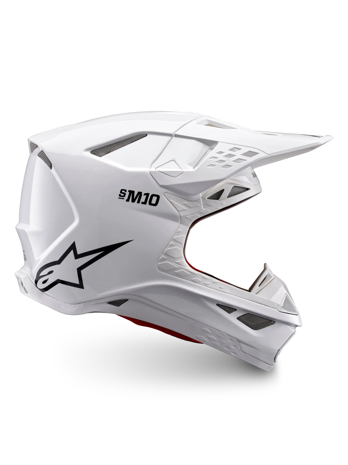 Alpinestars Casco Supertech M10 Solid ECE 22.06, casco da motocross bianco lucido con logo nero, visiera parasole e design integrale ventilato, vista laterale